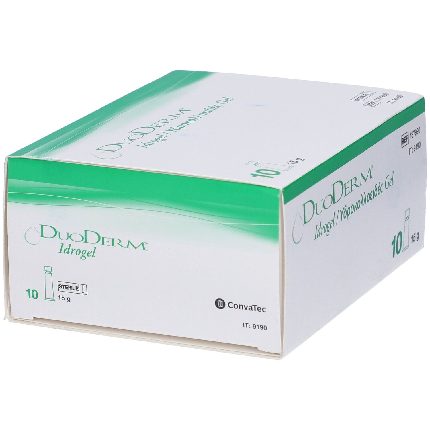 Scatola bianca e verde. DuoDERM Idrogel, 10 pezzi, 15g. Confezione sterile, logo Convatec.