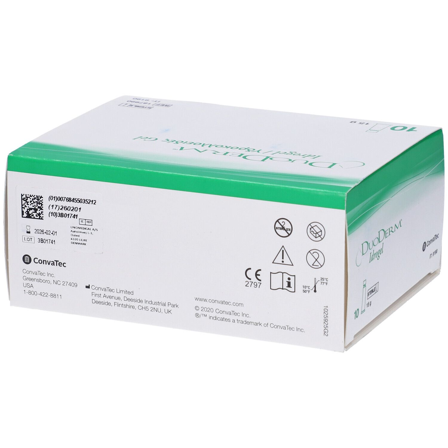 Scatola bianca e verde. DuoDERM Idrogel, 10 pezzi, 15g. Logo Convatec, marchio CE.