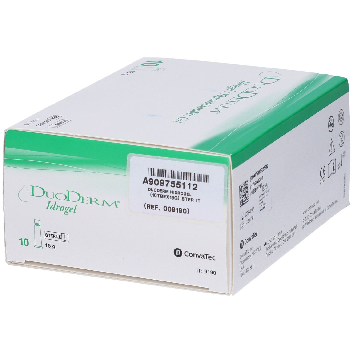 Scatola bianca e verde. DuoDERM Idrogel, 10 pezzi, 15g. Etichetta prodotto con codice a barre.