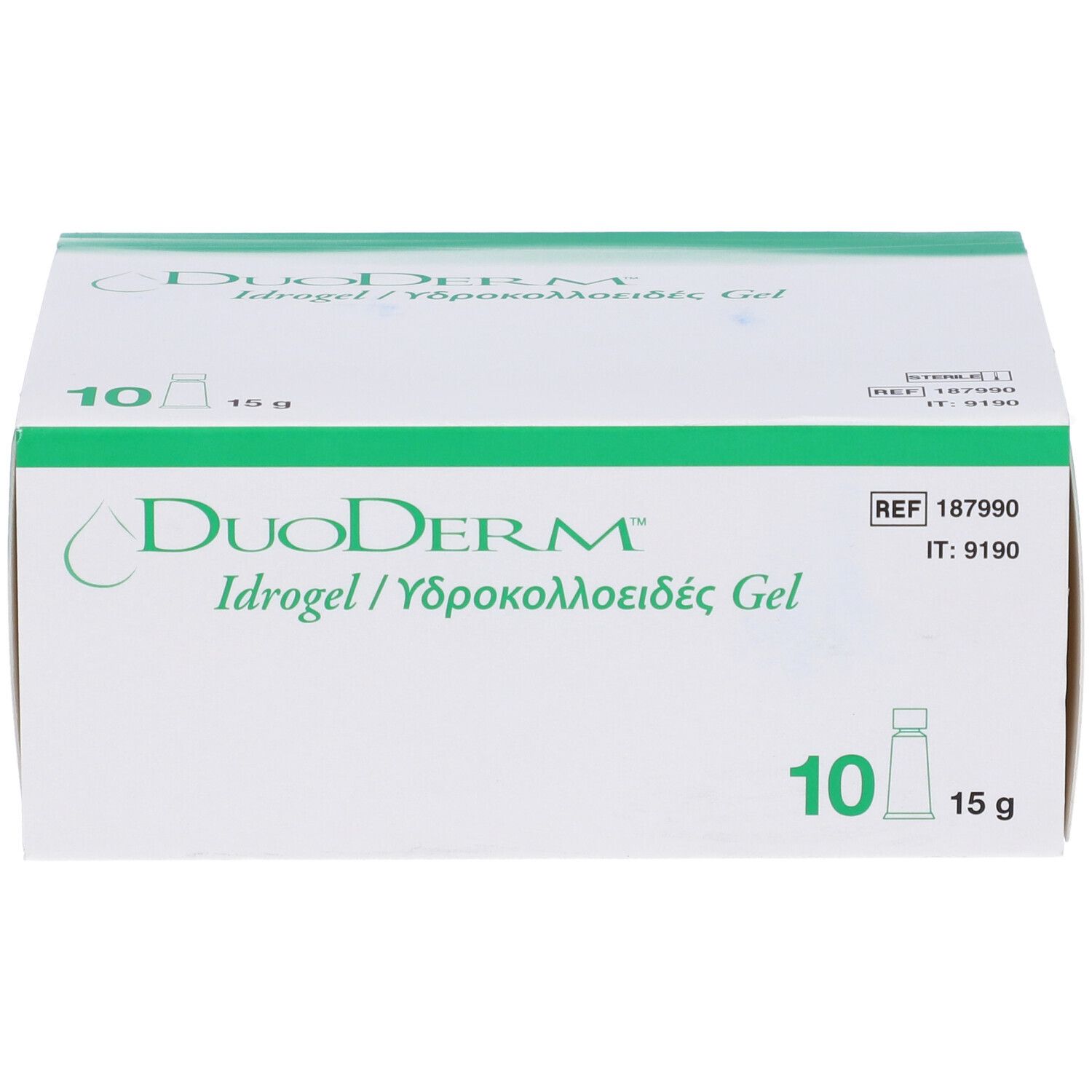 Scatola bianca e verde. DuoDERM Idrogel, 10 pezzi, 15g. Confezione sterile.