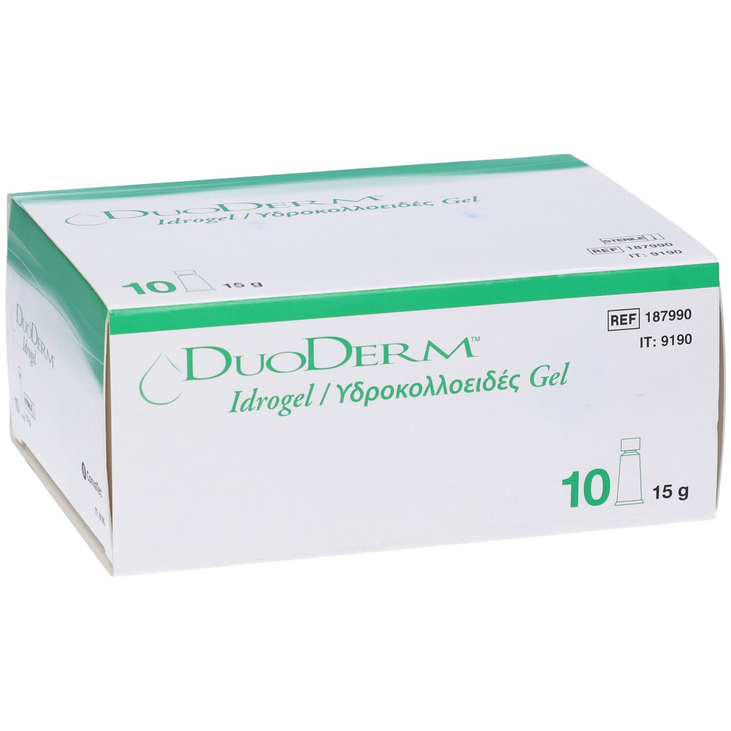 Scatola bianca e verde. DuoDERM Idrogel, 10 pezzi, 15g. Confezione sterile.