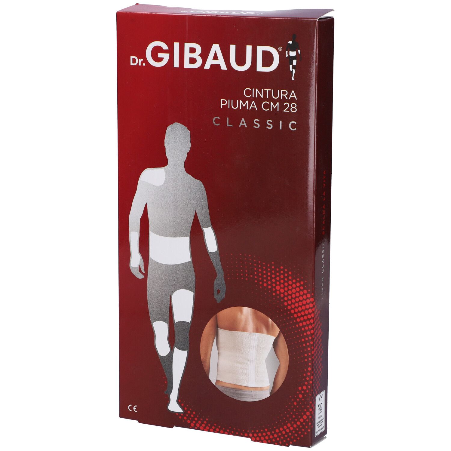 Confezione di Dr. Gibaud Cintura Piuma CM 28 Classic. Illustrazione di uomo con bendaggio. Confezione rossa.