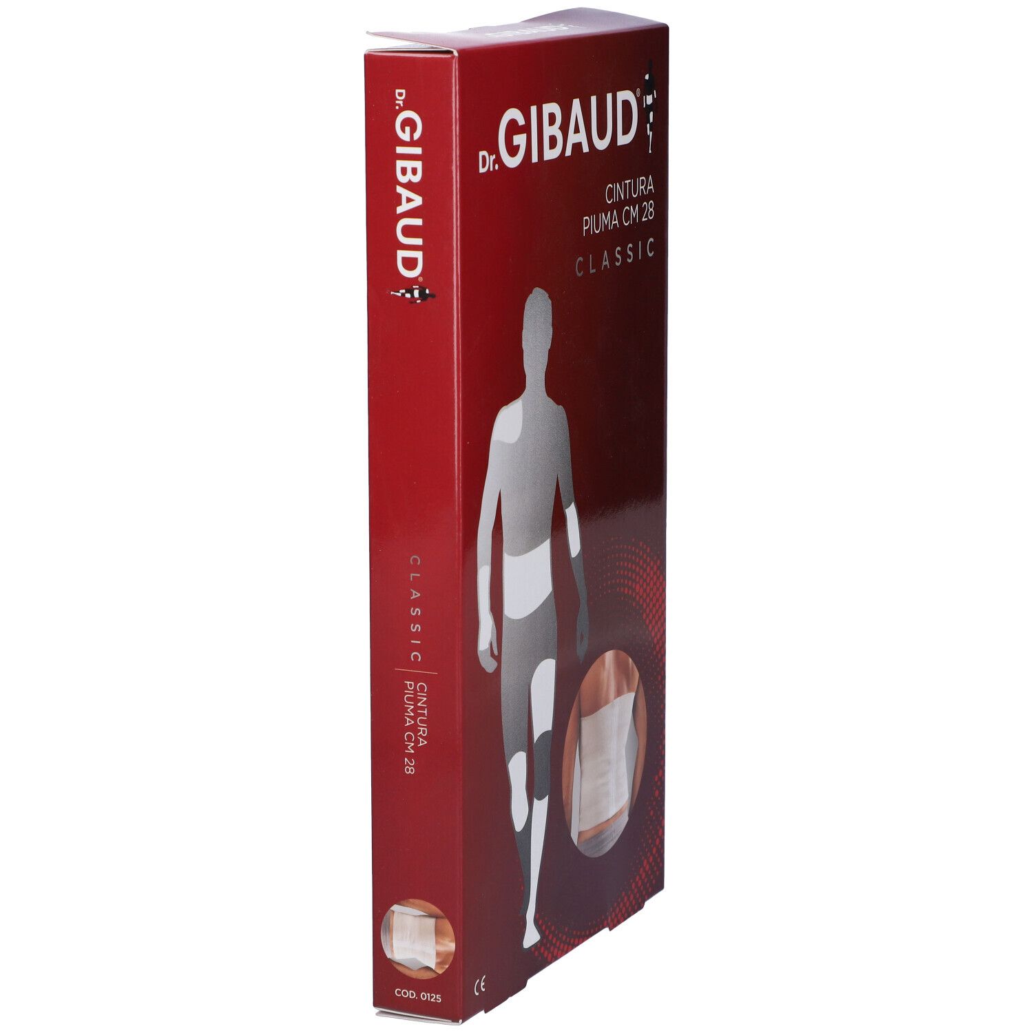 Confezione di Dr. Gibaud Cintura Piuma CM 28 Classic. Confezione rossa, vista laterale. Illustrazione del prodotto.