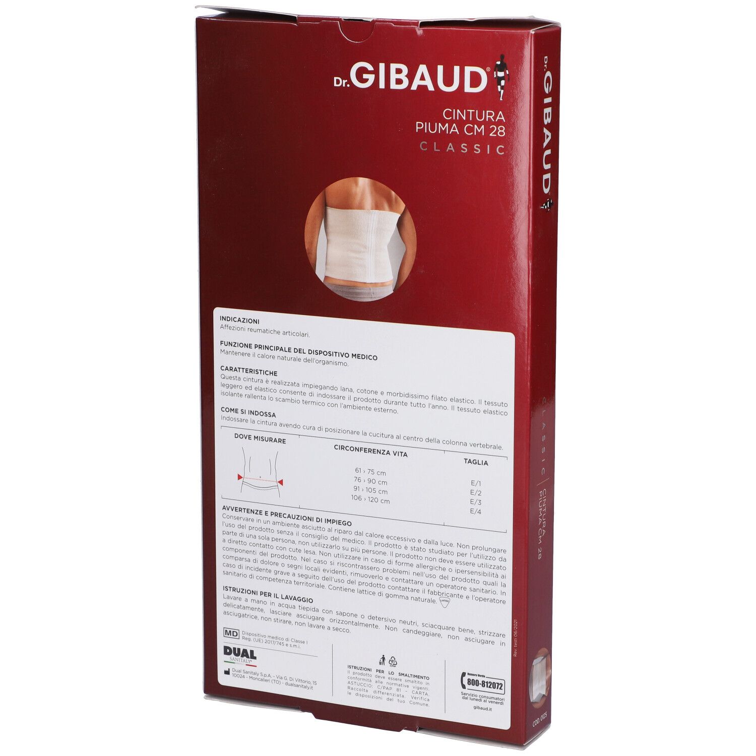 Retro della confezione di Dr. Gibaud Cintura Piuma CM 28 Classic. Testo e illustrazione del prodotto. Confezione rossa.