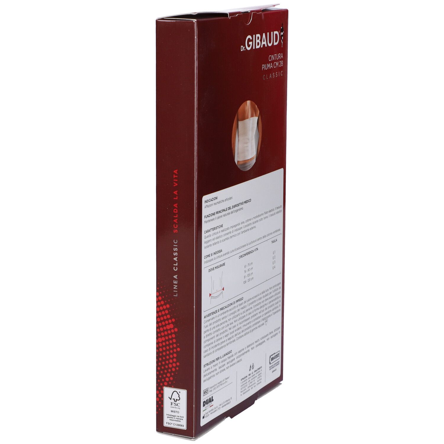 Retro della confezione di Dr. Gibaud Cintura Piuma CM 28 Classic. Testo e illustrazione del prodotto. Confezione rossa.