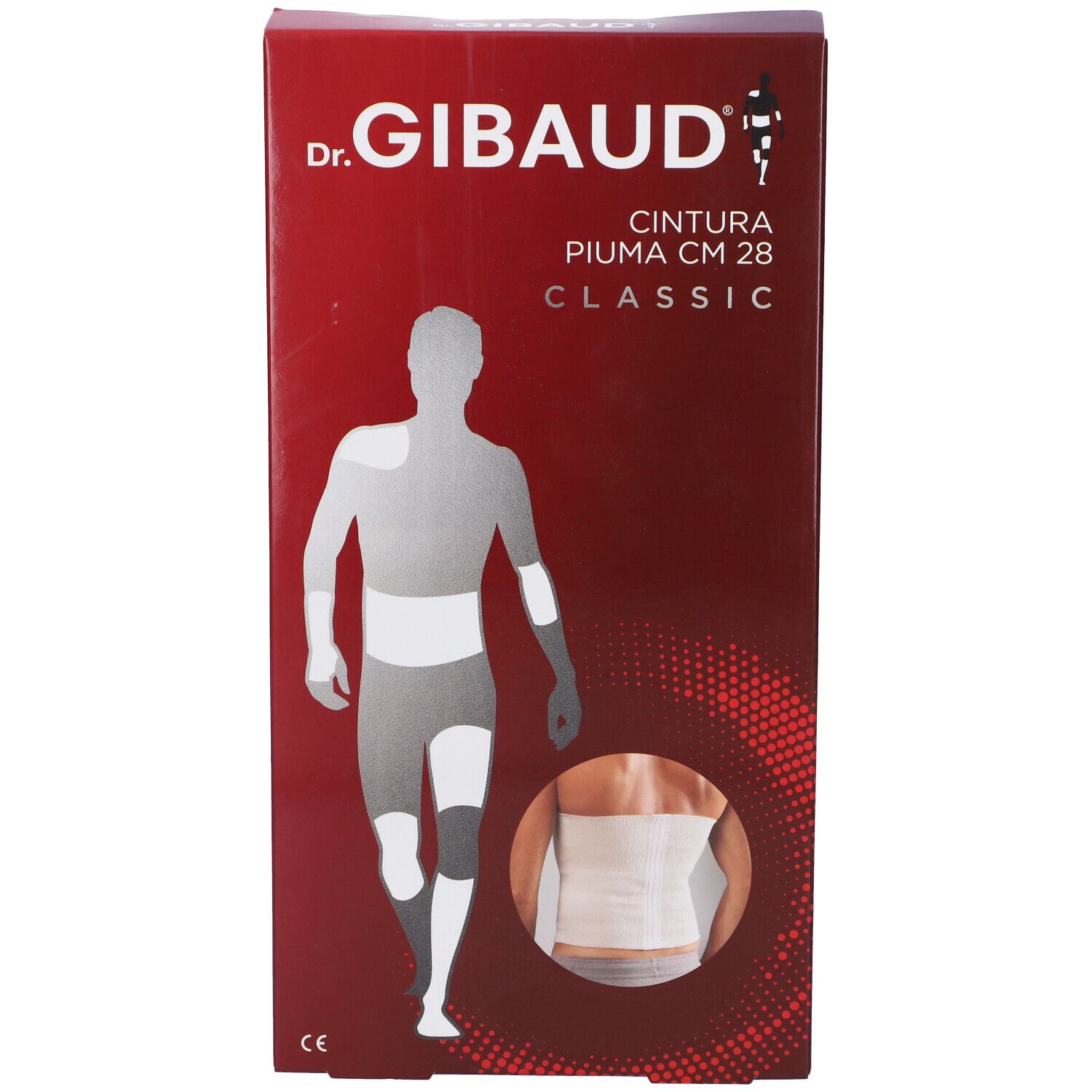 Confezione di Dr. Gibaud Cintura Piuma CM 28 Classic. Illustrazione di uomo con bendaggio. Confezione rossa.