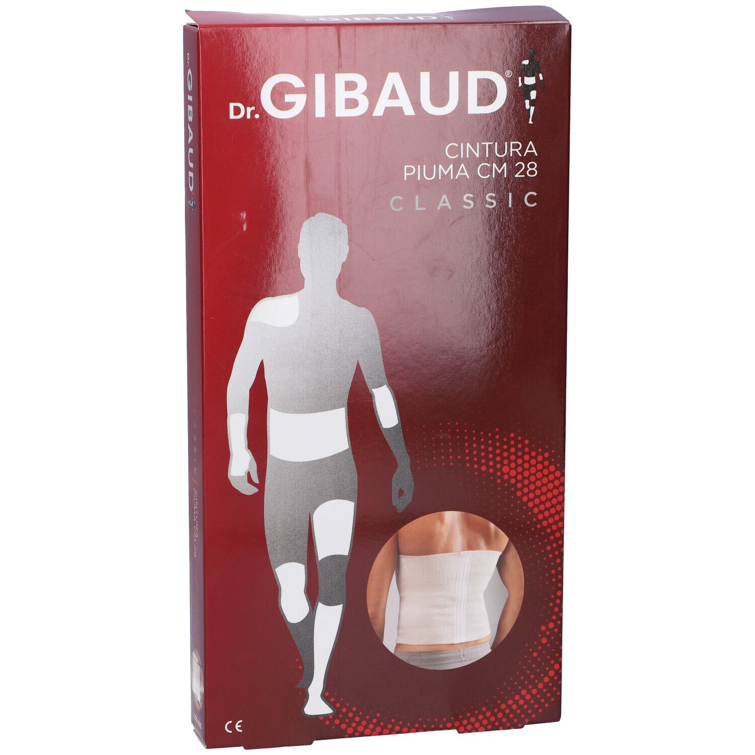 Confezione di Dr. Gibaud Cintura Piuma CM 28 Classic. Illustrazione di uomo con bendaggio. Confezione rossa.