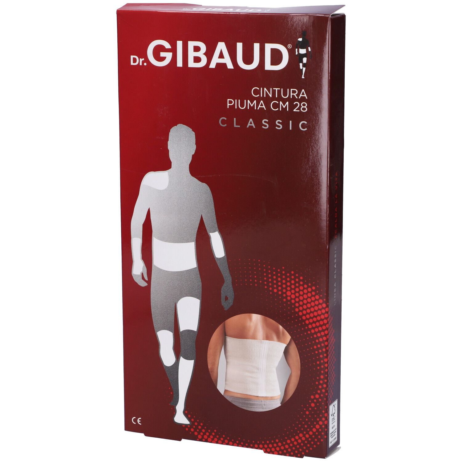 Confezione Dr. Gibaud. Scritta: Cintura Piuma CM 28 Classic. Illustrazione di un corpo con bendaggio.