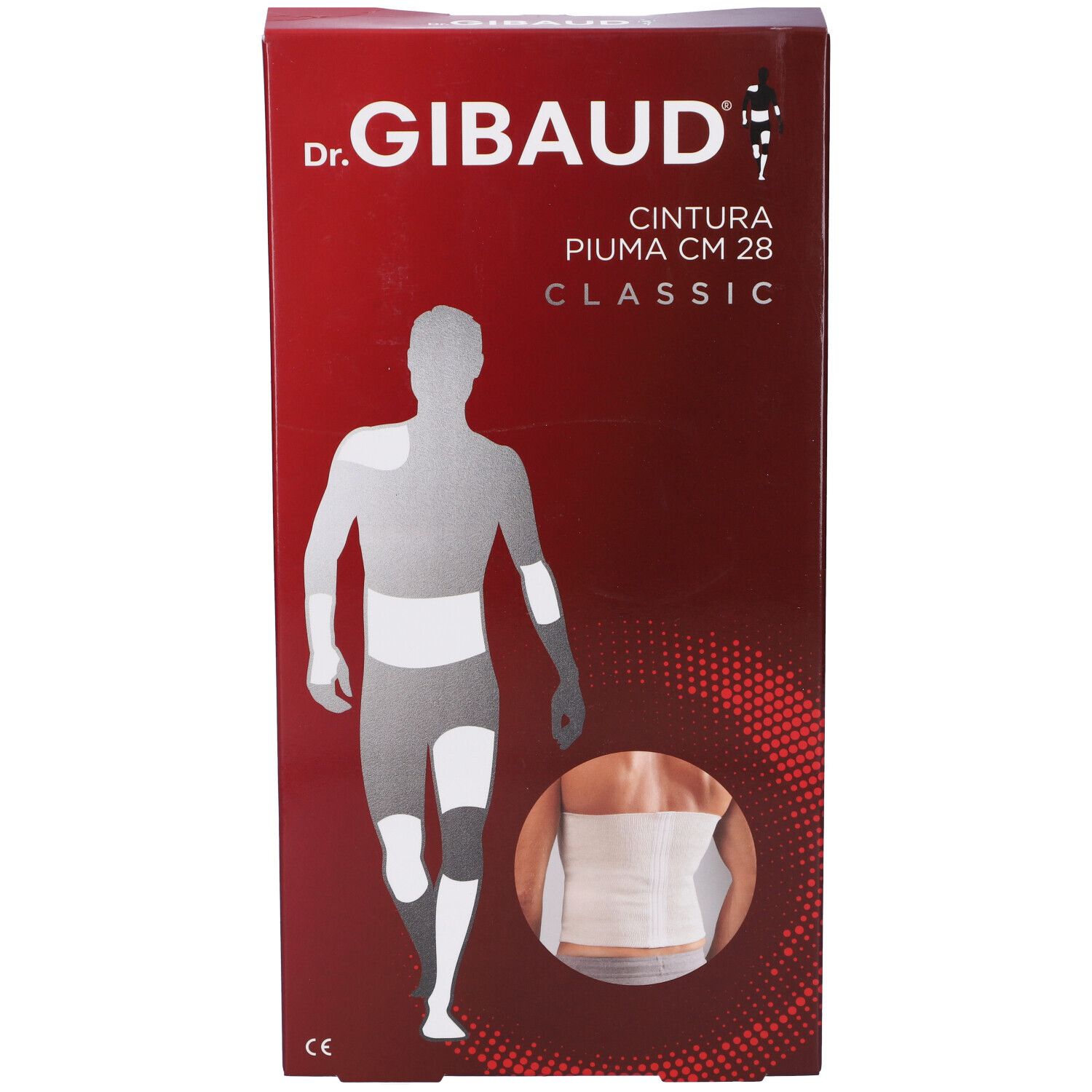 Confezione Dr. Gibaud. Scritta: Cintura Piuma CM 28 Classic. Illustrazione di un corpo con bendaggio.