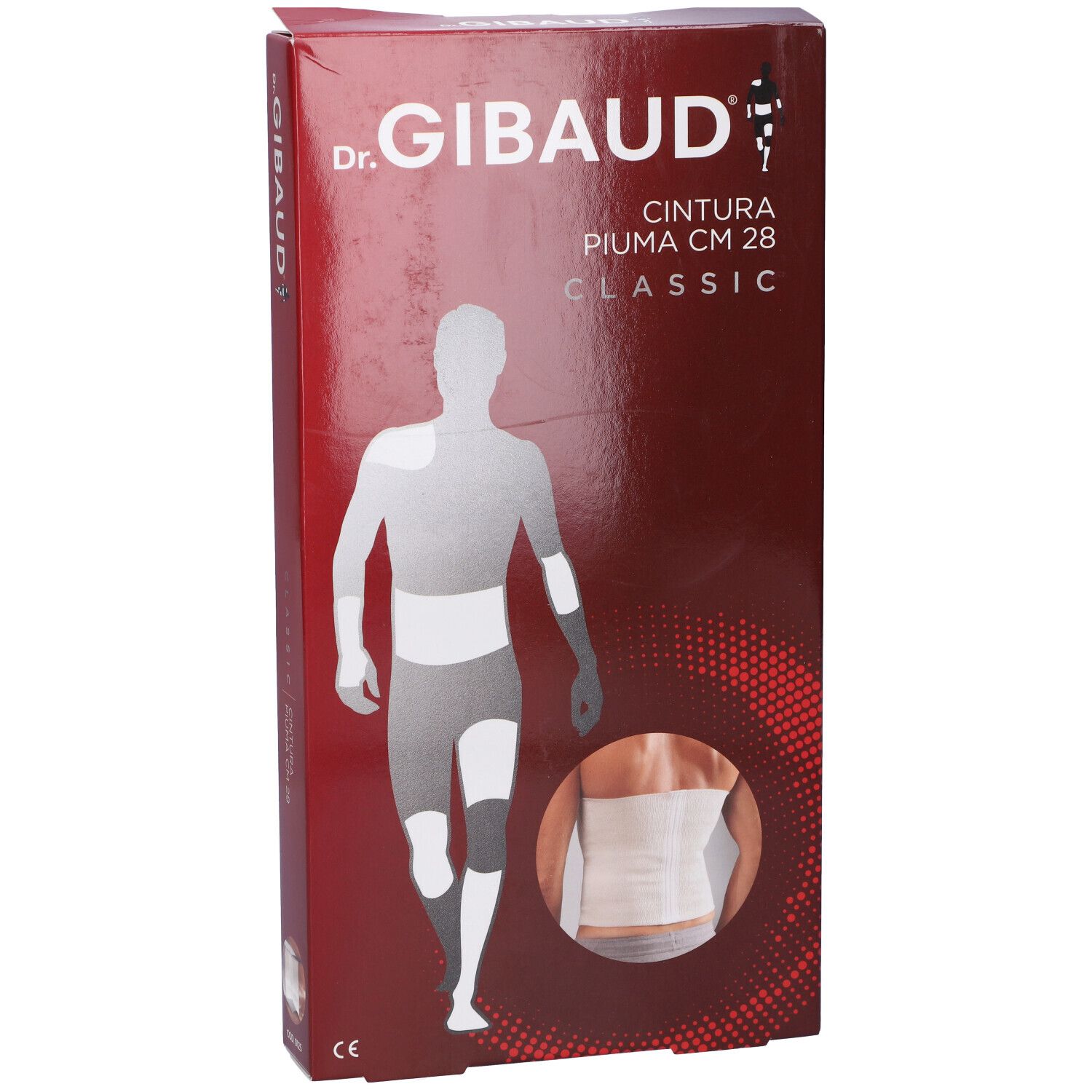 Confezione Dr. Gibaud. Scritta: Cintura Piuma CM 28 Classic. Illustrazione di un corpo con bendaggio.