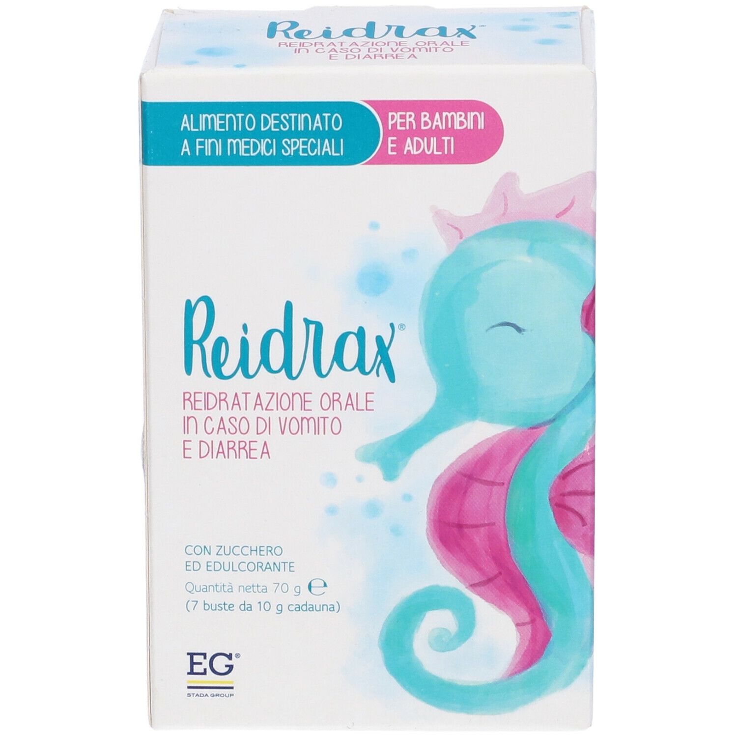 Scatola Reidrax, testo italiano, cavalluccio marino. Testo: Per bambini e adulti. Logo EG. Reidratazione orale.