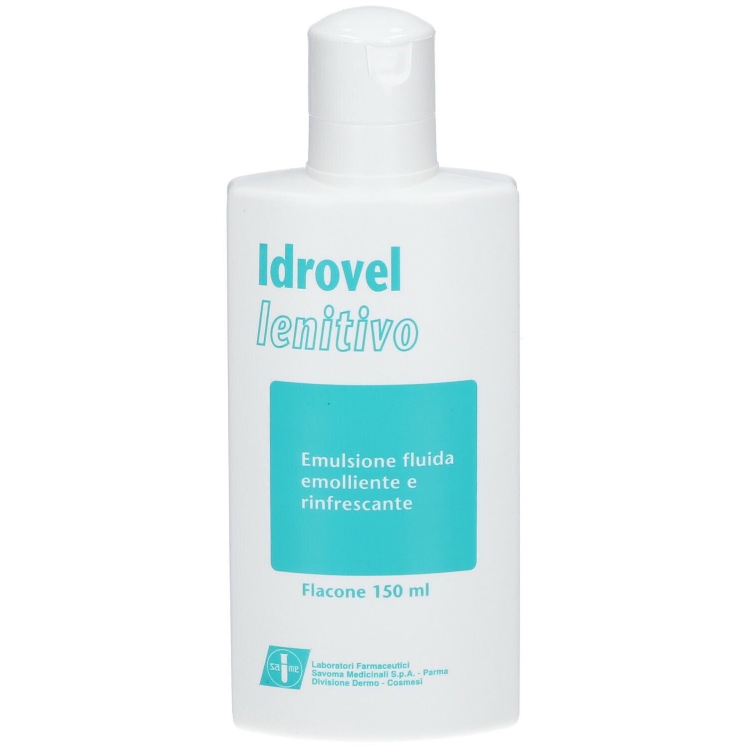 Flacone bianco con nome prodotto e area blu. Testo: Emulsione, 150 ml. Tappo bianco.
