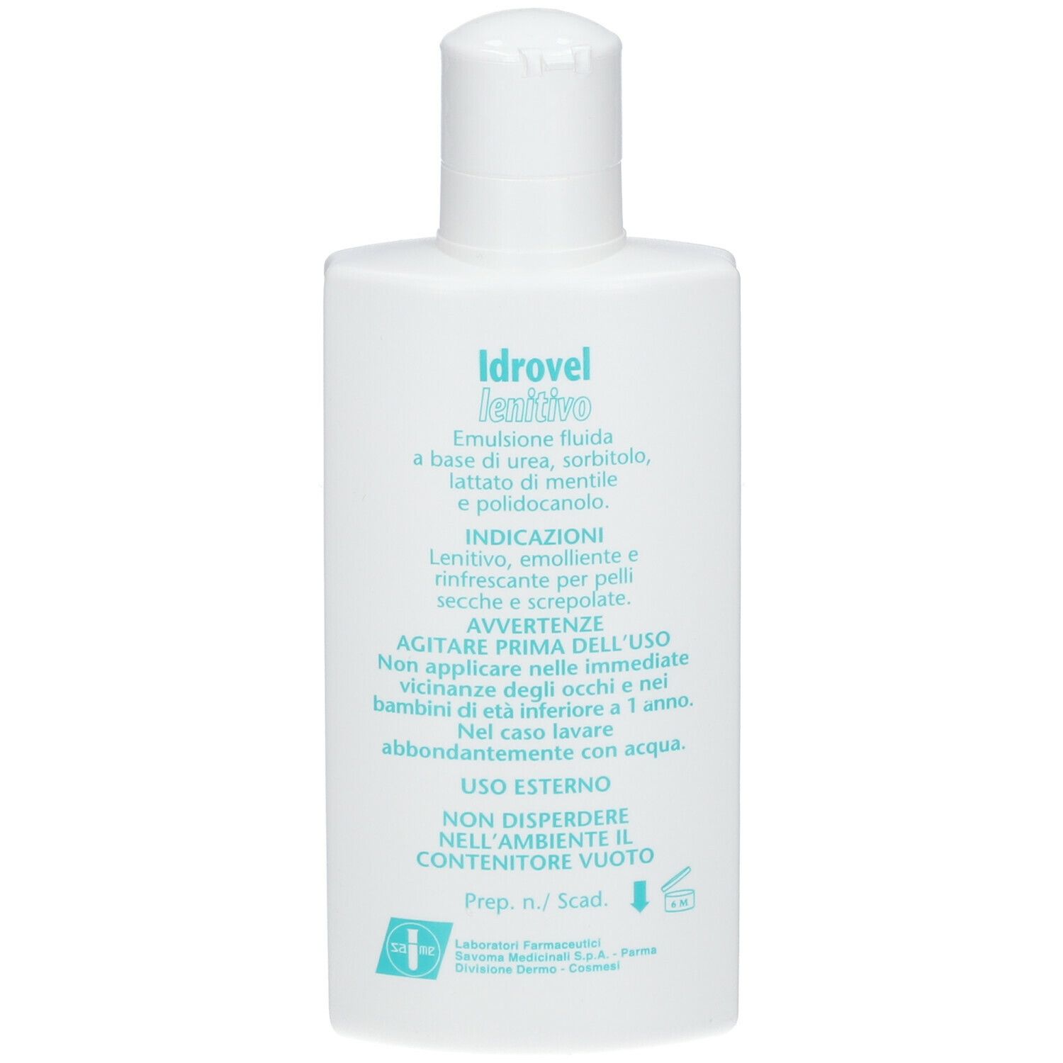 Flacone bianco con nome prodotto e testo. Testo: Emulsione, ingredienti, istruzioni. Tappo bianco.