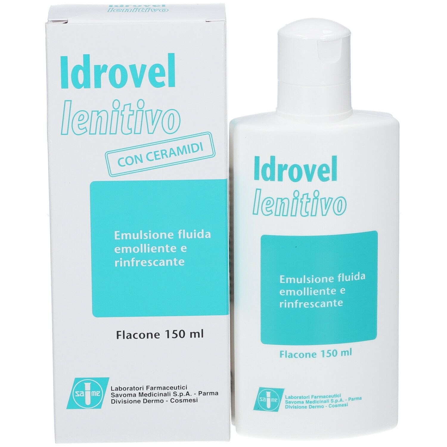 Confezione e flacone affiancati. Nome prodotto, testo: Emulsione, 150 ml. Tappo bianco.