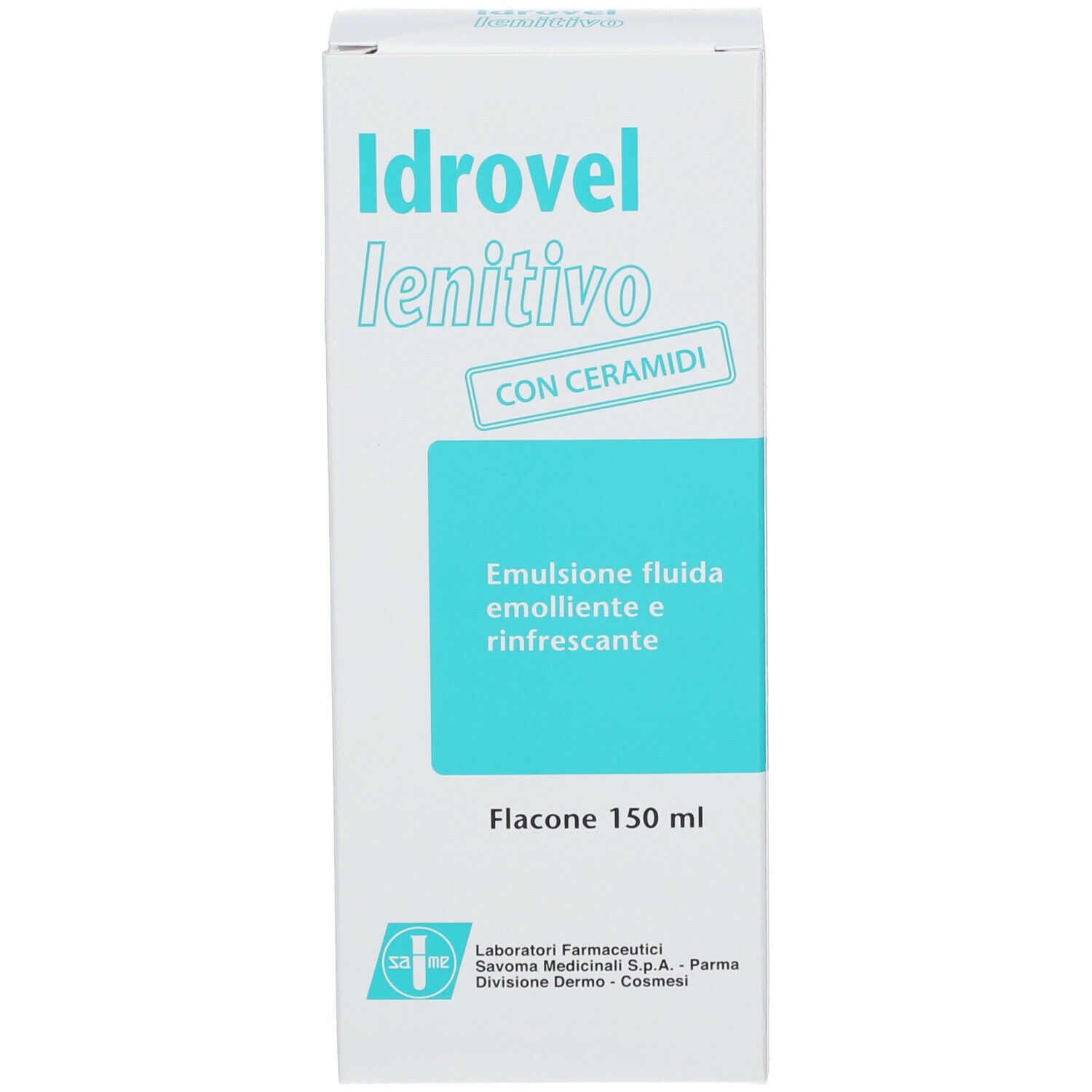 Scatola bianca con nome prodotto e testo. Testo: Emulsione, 150 ml. Con ceramidi.