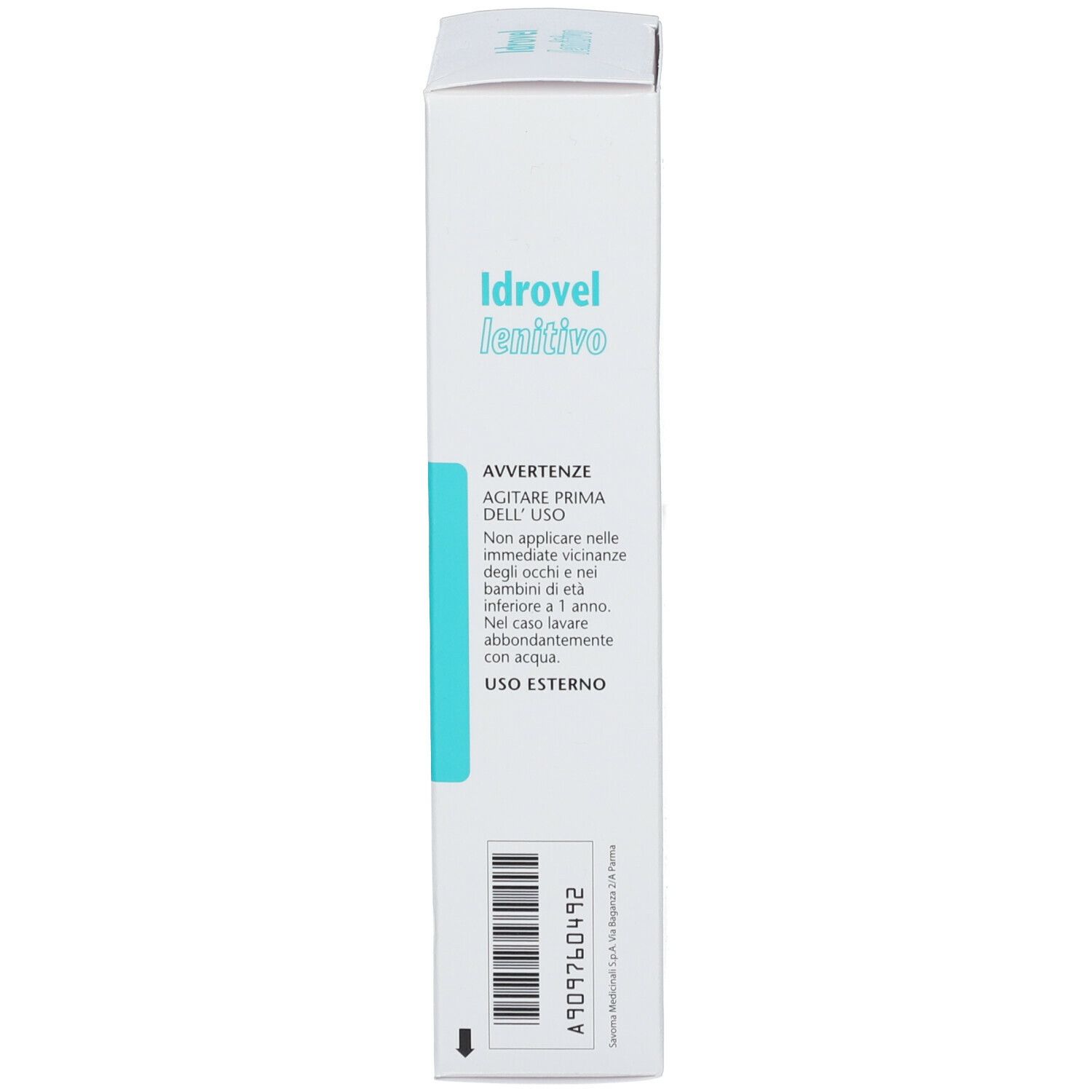 Scatola bianca con nome prodotto e testo. Testo: Emulsione, 150 ml. Con ceramidi. Vista laterale.
