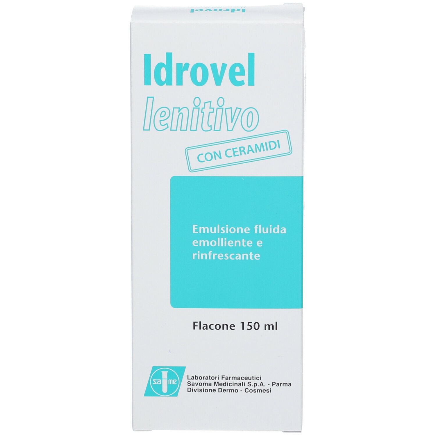 Scatola bianca con nome prodotto e testo. Testo: Emulsione, 150 ml. Con ceramidi.