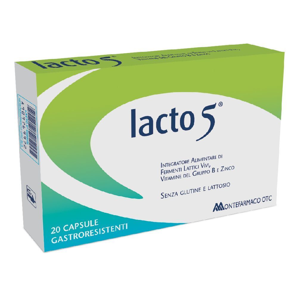 Scatola "lacto 5". Contiene 20 capsule gastroresistenti. Scritta: "Integratore alimentare di..." e "Senza glutine e lattosio". Logo Montefarmaco.
