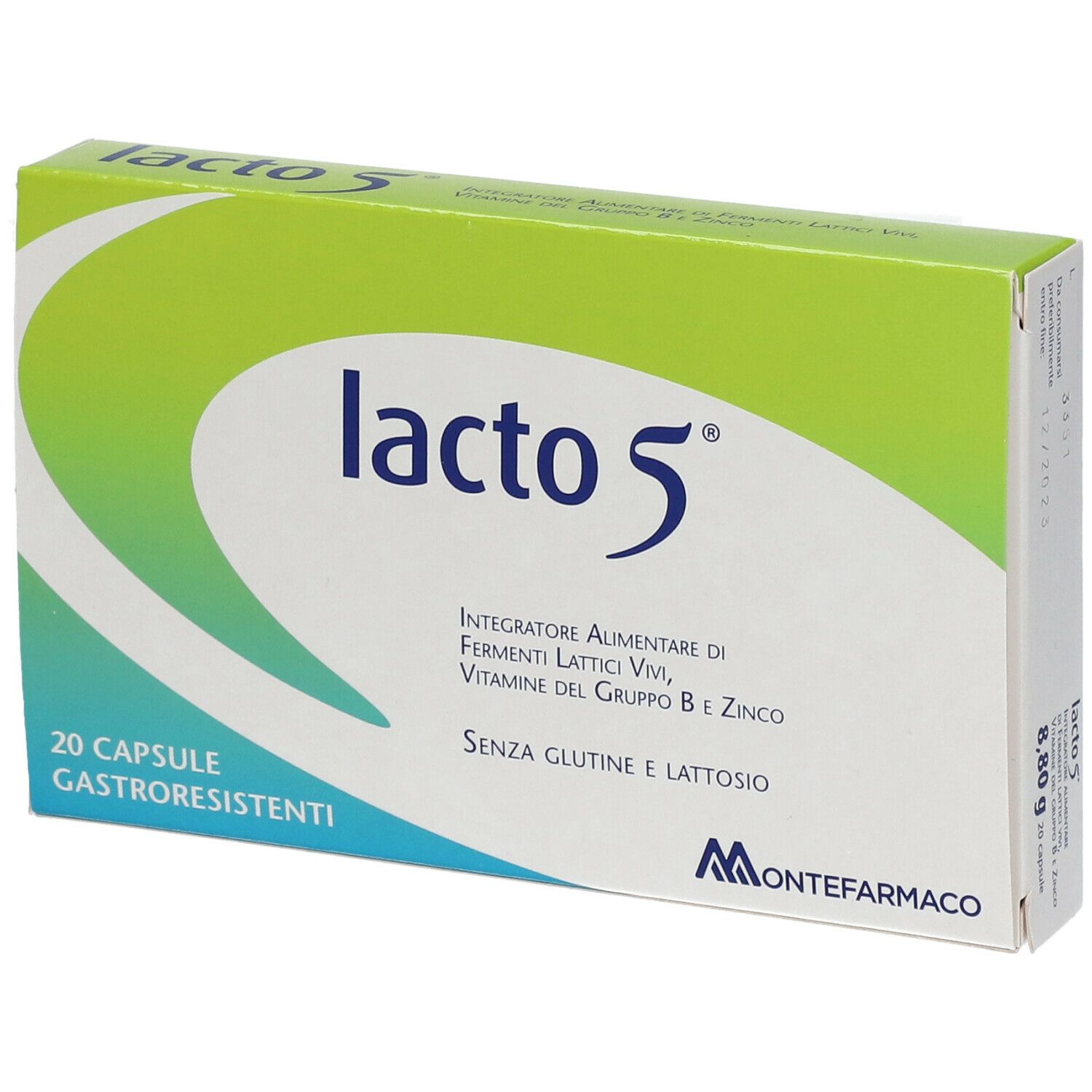 Scatola "lacto 5". Contiene 20 capsule gastroresistenti. Scritta: "Integratore alimentare di..." e "Senza glutine e lattosio". Logo Montefarmaco.