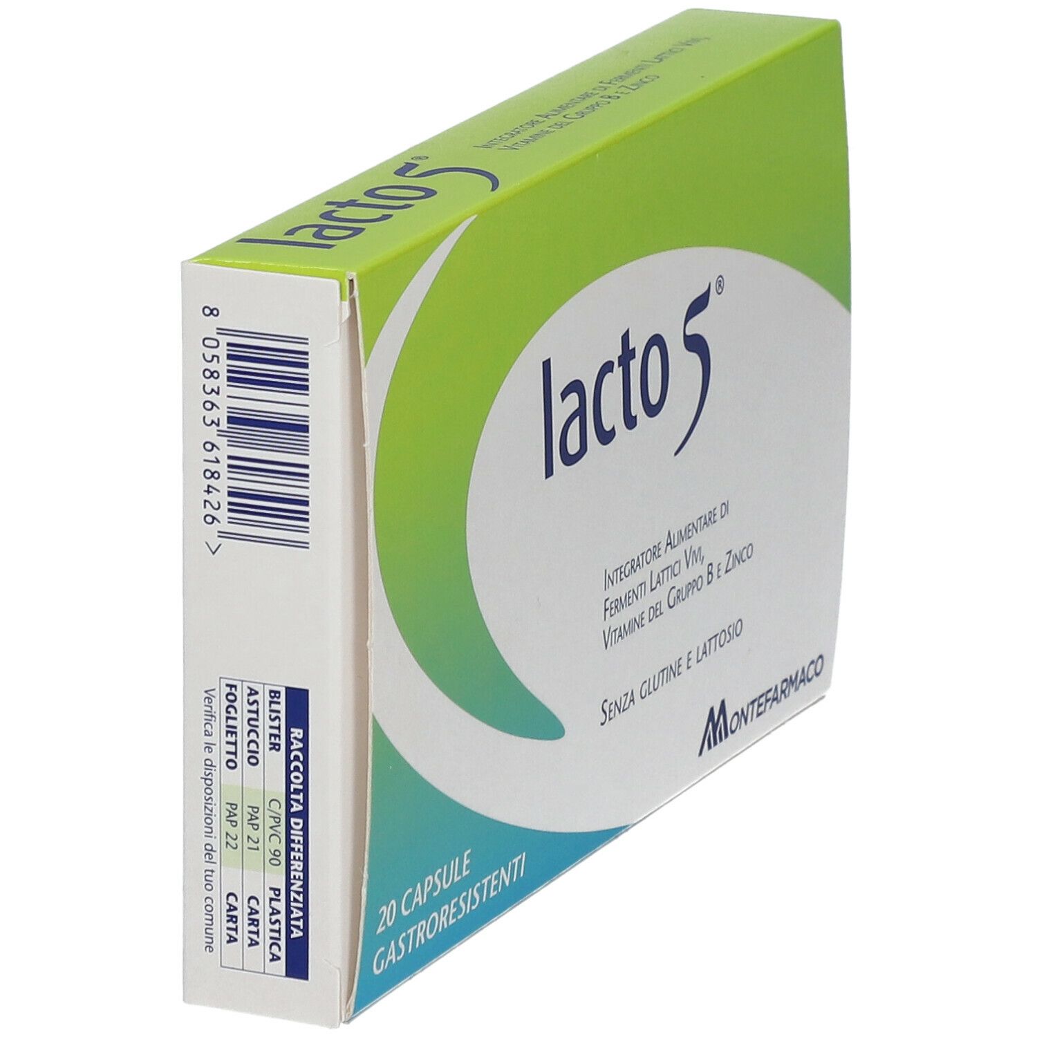 Scatola "lacto 5". Contiene 20 capsule gastroresistenti. Scritta: "Integratore alimentare di..." e "Senza glutine e lattosio". Logo Montefarmaco.