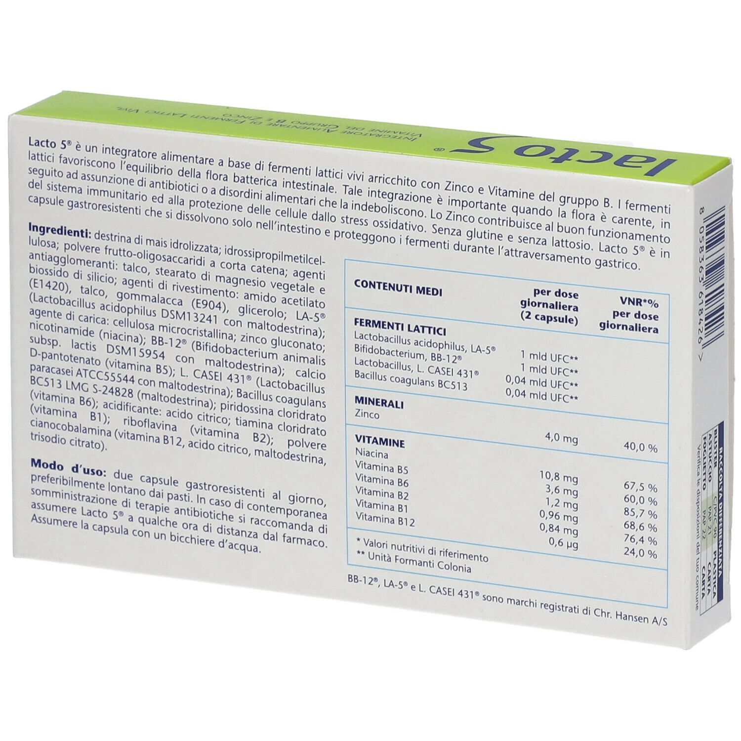 Scatola "lacto 5". Contiene 20 capsule gastroresistenti. Scritta: "Integratore alimentare di..." e "Senza glutine e lattosio". Logo Montefarmaco.