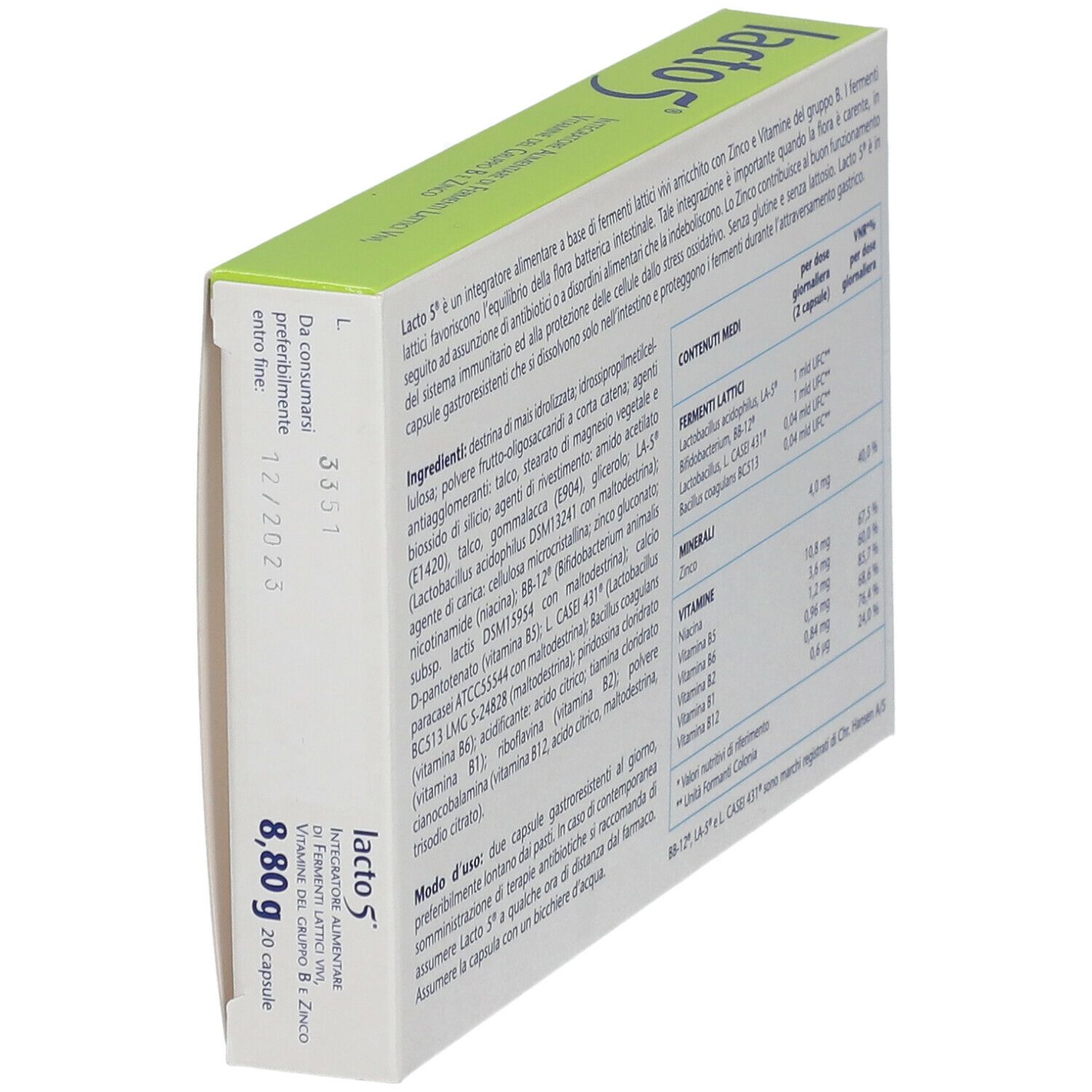 Scatola "lacto 5". Contiene 20 capsule gastroresistenti. Scritta: "Integratore alimentare di..." e "Senza glutine e lattosio". Logo Montefarmaco.