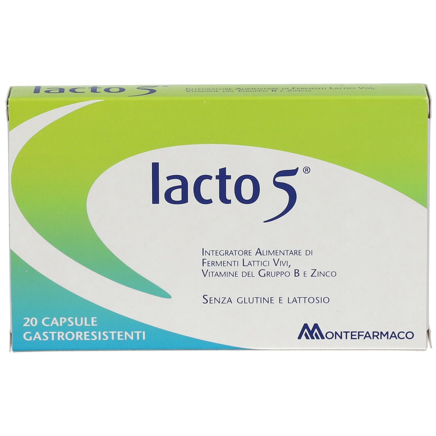 Scatola "lacto 5". Contiene 20 capsule gastroresistenti. Scritta: "Integratore alimentare di..." e "Senza glutine e lattosio". Logo Montefarmaco.