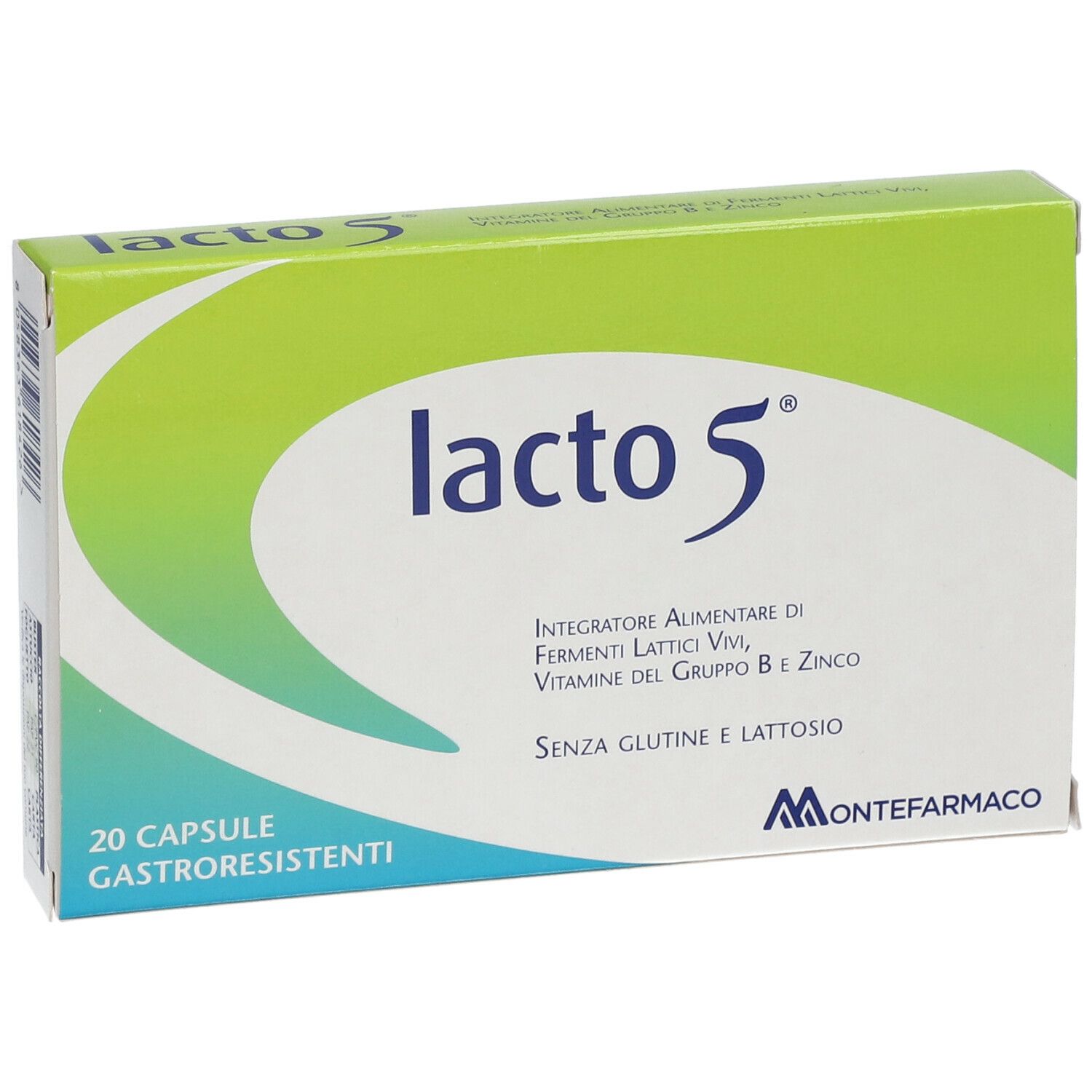 Scatola "lacto 5". Contiene 20 capsule gastroresistenti. Scritta: "Integratore alimentare di..." e "Senza glutine e lattosio". Logo Montefarmaco.