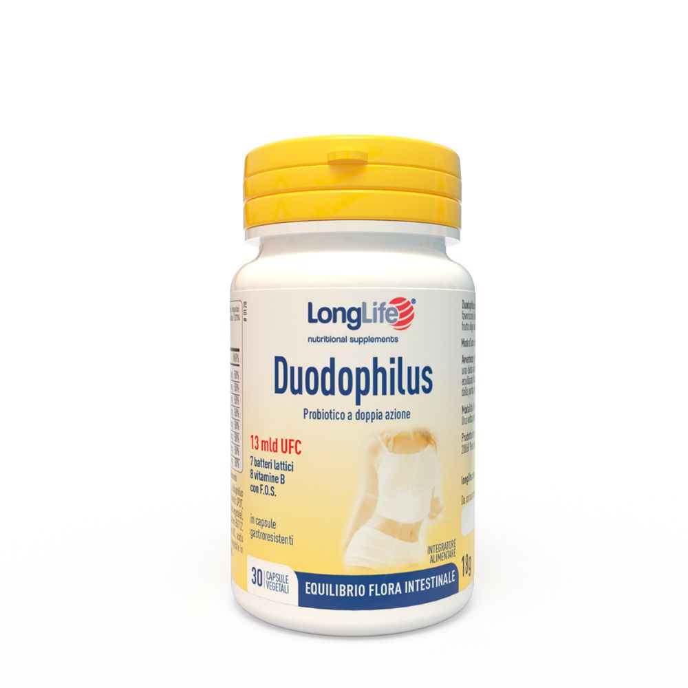 Flacone bianco, tappo giallo. Scritta: LongLife Duodophilus, 30 capsule.