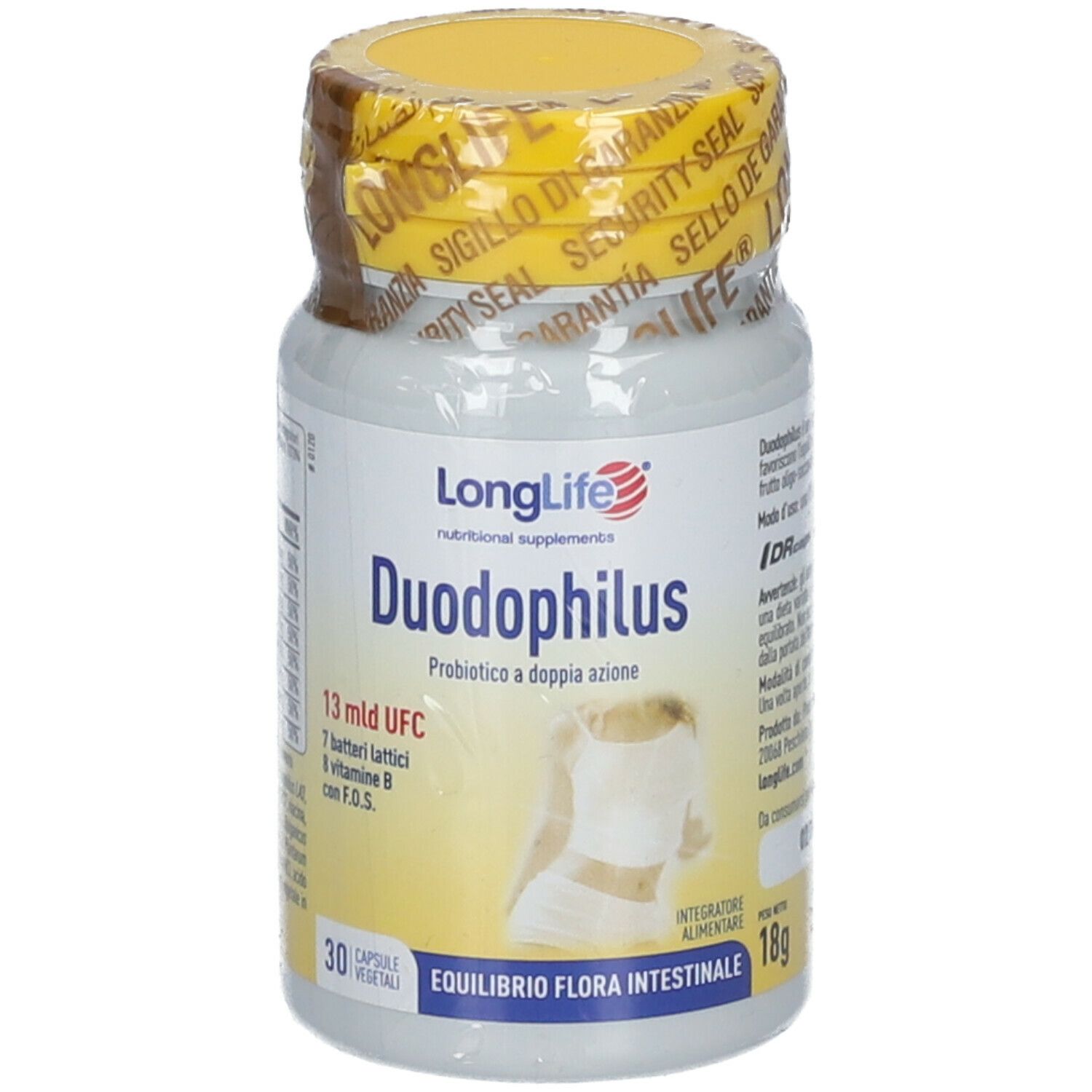 Flacone bianco, tappo giallo e sigillo. Scritta: LongLife Duodophilus, 30 capsule.