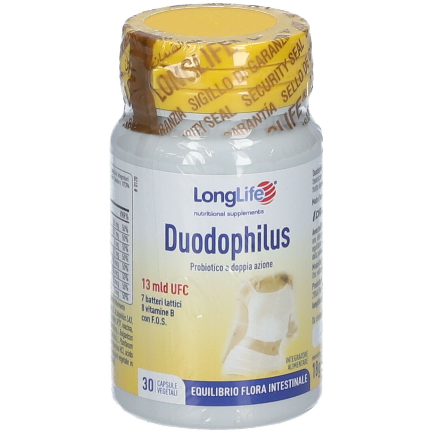 Flacone bianco, tappo giallo e sigillo. Scritta: LongLife Duodophilus, 30 capsule.