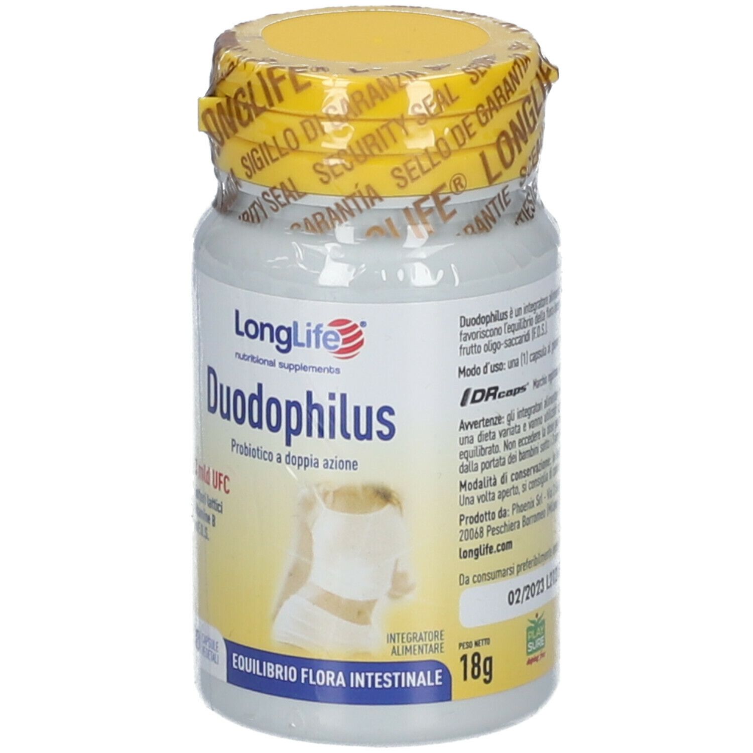 Flacone bianco, tappo giallo e sigillo. Scritta: LongLife Duodophilus, 18g.
