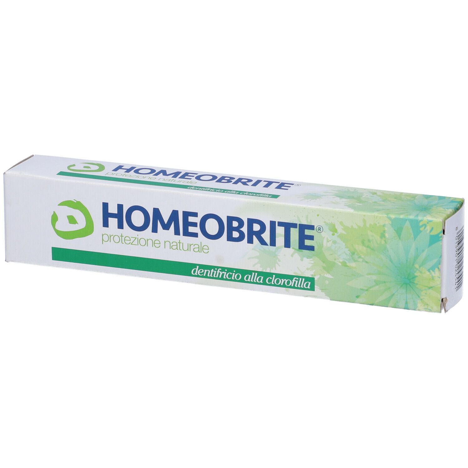 Scatola bianca con logo e testo HOMEOBRITE. Visibile anche 'dentifricio alla clorofilla'.