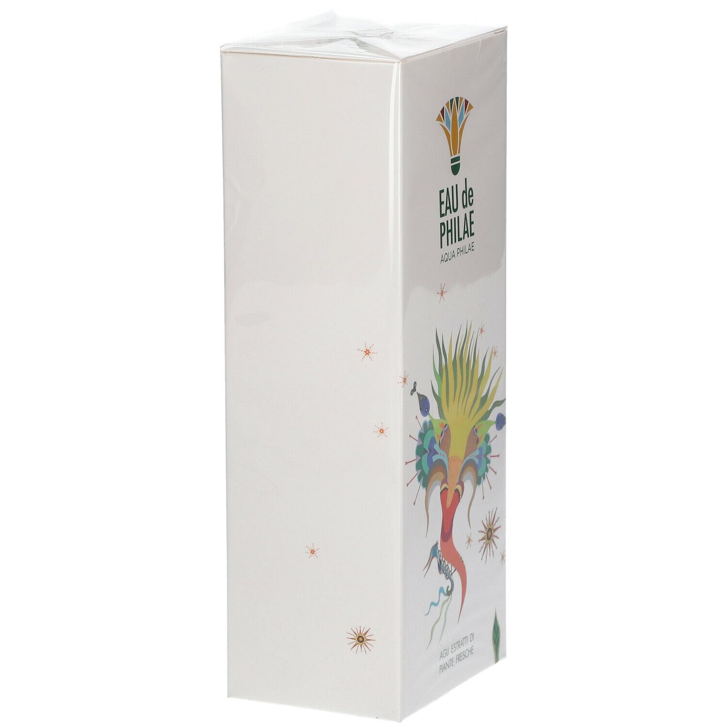 Weiße Verpackung mit Aufdruck. Oben steht "EAU de PHILAE". Darunter "AQUA PHILAE". Auf der Verpackung ist eine farbige Illustration.