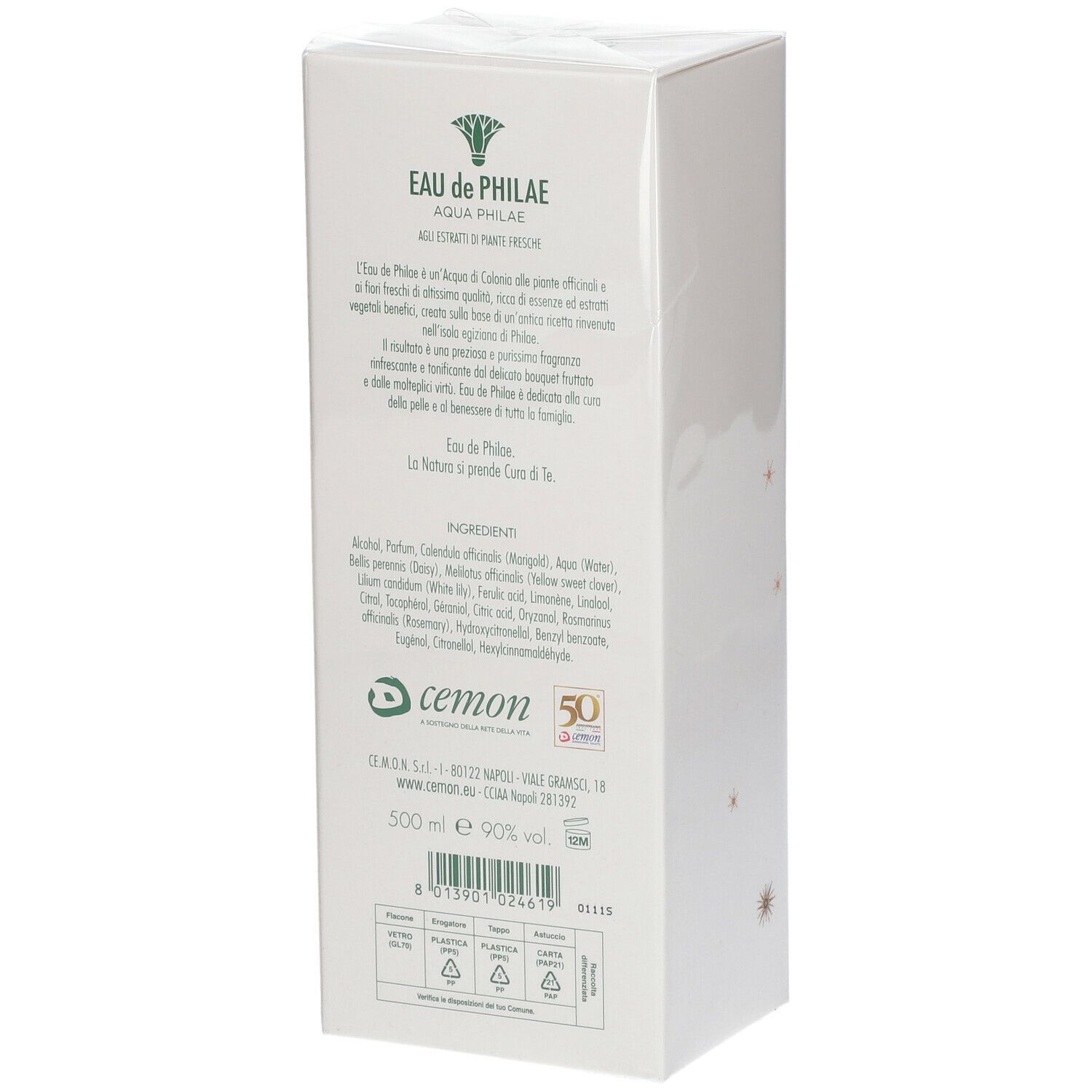 Weiße Verpackung mit Text und Logo. Oben steht "EAU de PHILAE". Darunter "AQUA PHILAE". Auf der Verpackung sind Text und Logos.