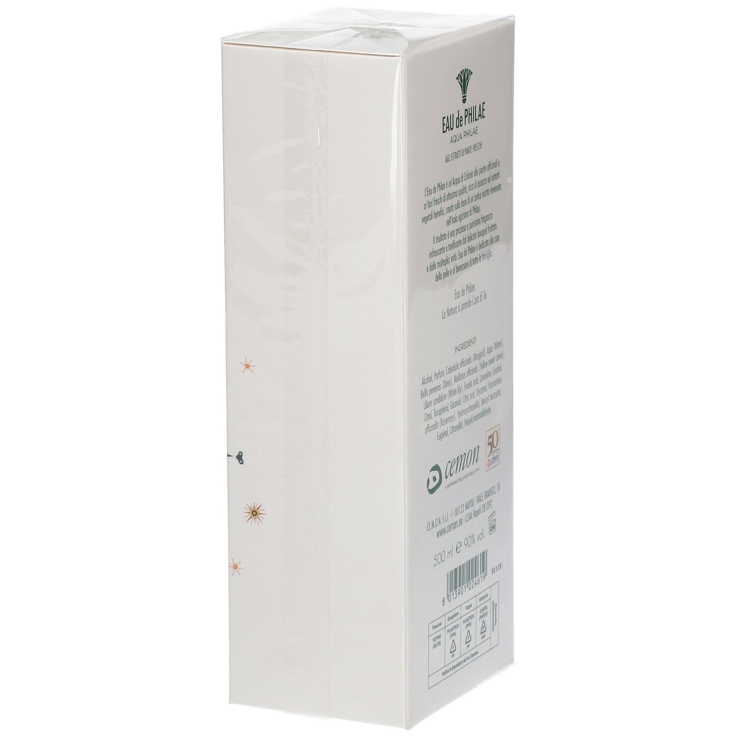 Weiße Verpackung mit Text und Logo. Oben steht "EAU de PHILAE". Darunter "AQUA PHILAE". Auf der Verpackung sind Text und Logos.