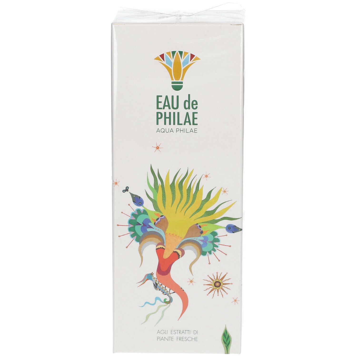 Weiße Verpackung mit Aufdruck. Oben steht "EAU de PHILAE". Darunter "AQUA PHILAE". Auf der Verpackung ist eine farbige Illustration.
