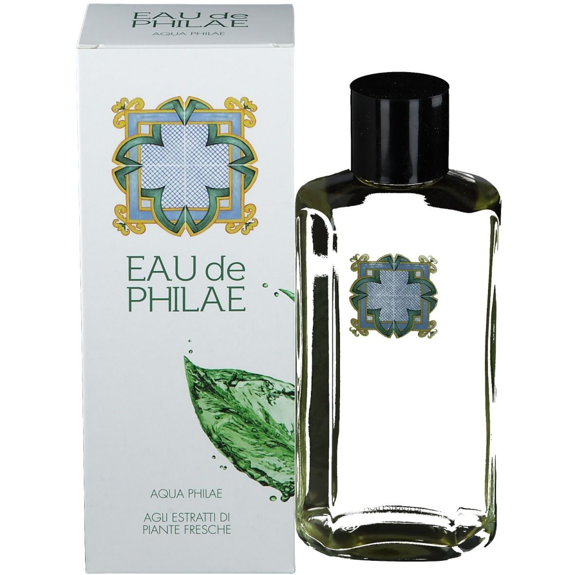 Glasflasche mit schwarzem Deckel und Verpackung. Auf der Verpackung steht "EAU de PHILAE". Daneben eine grüne Blatt-Illustration.