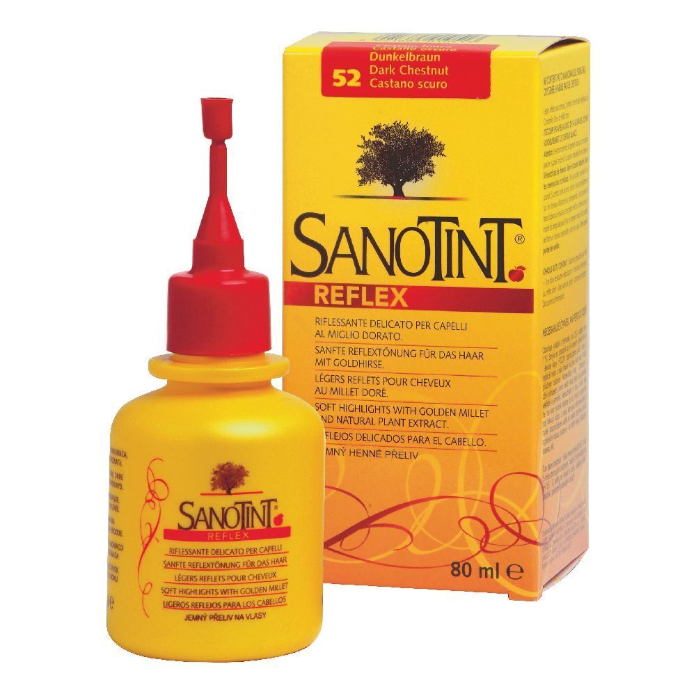 Flacone e scatola gialli Sanotint Reflex. Sul flacone: Sanotint Reflex. Sulla scatola: Castano scuro.