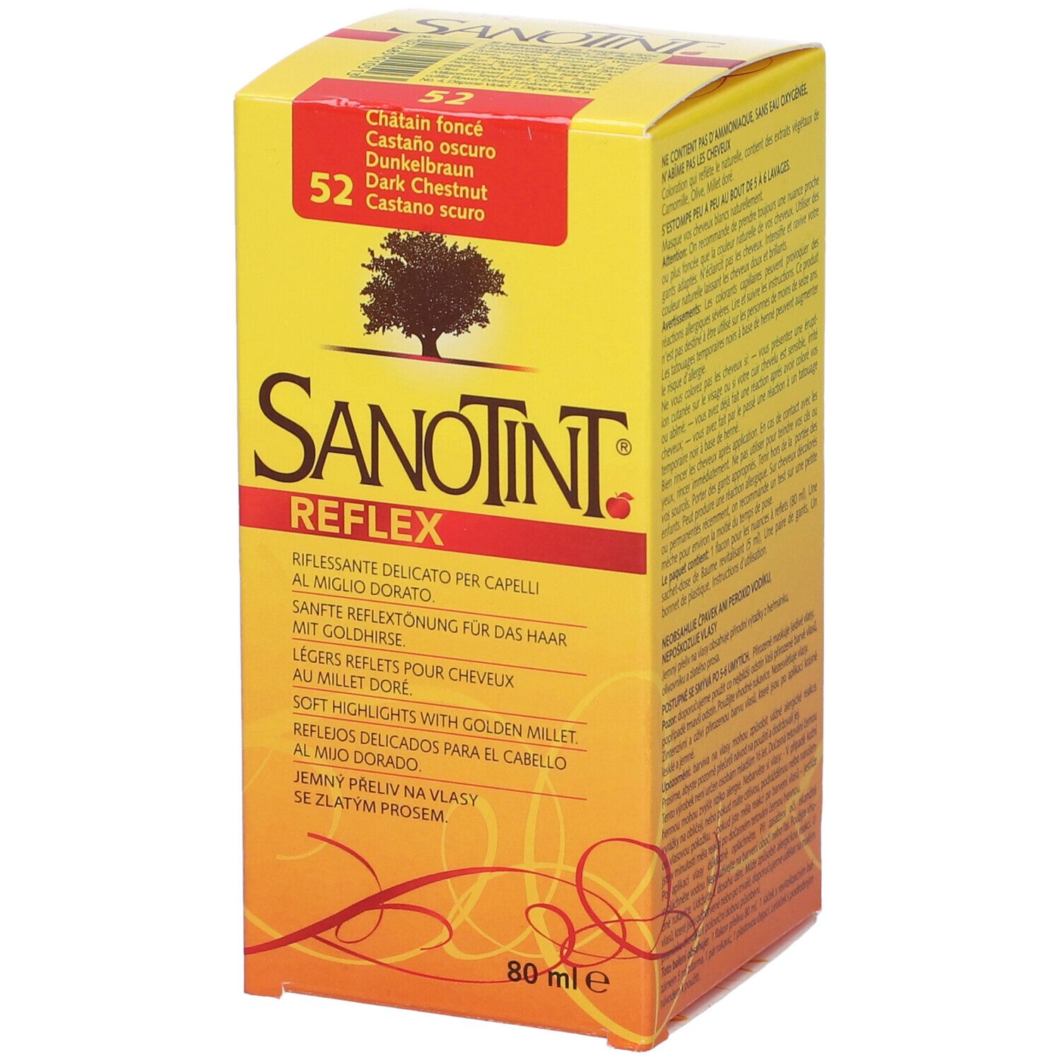 Scatola gialla Sanotint Reflex. Sulla scatola: Castano scuro. Nome del prodotto e logo.