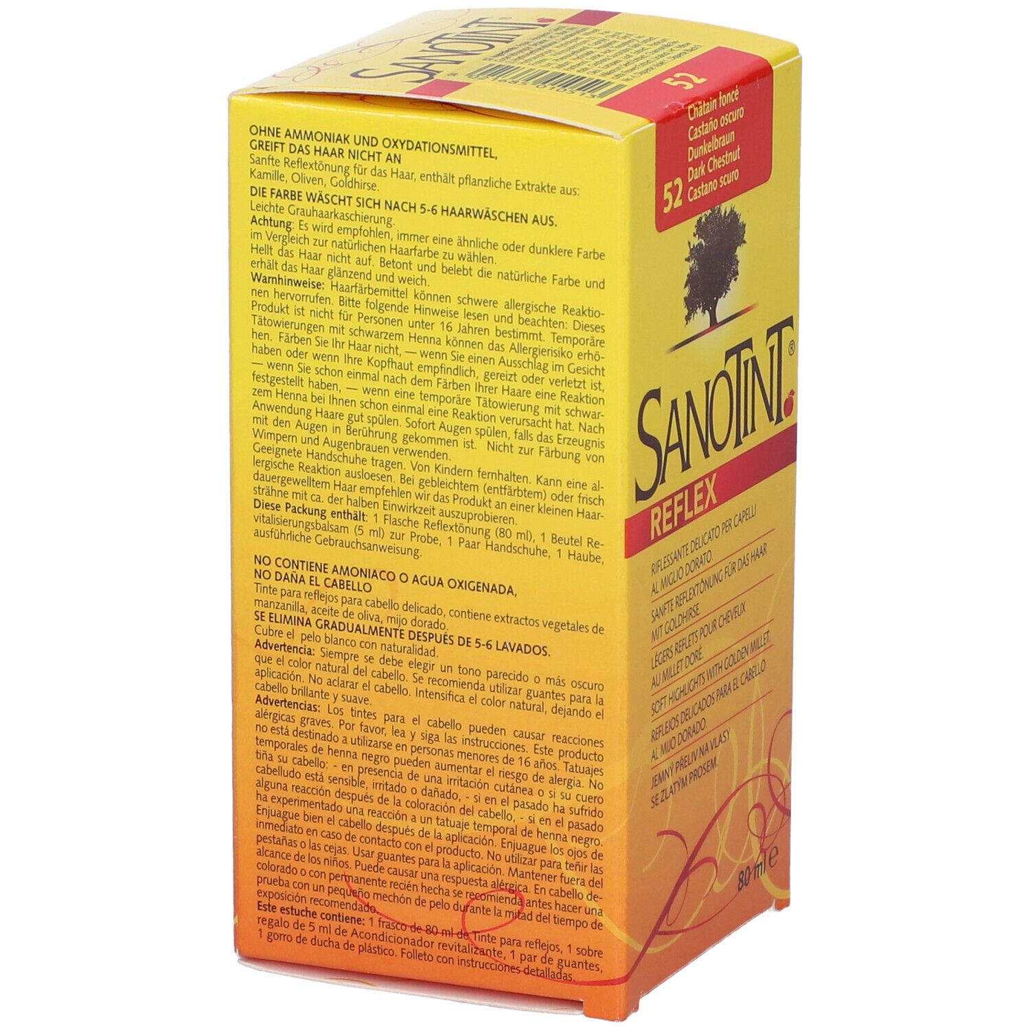 Scatola gialla Sanotint Reflex. Sulla scatola: Castano scuro. Nome del prodotto e logo.