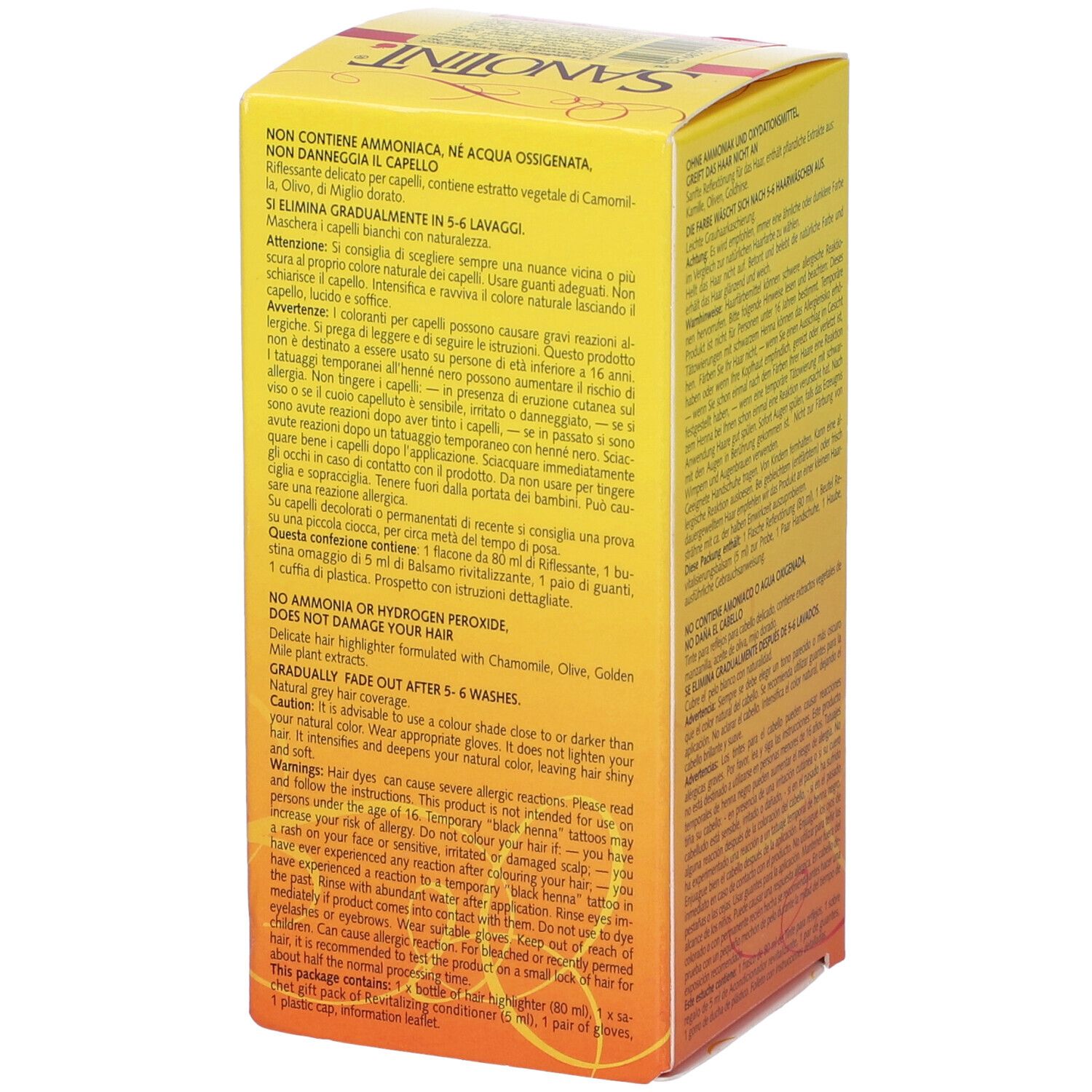 Scatola gialla Sanotint Reflex. Sulla scatola: Castano scuro. Nome del prodotto e logo.