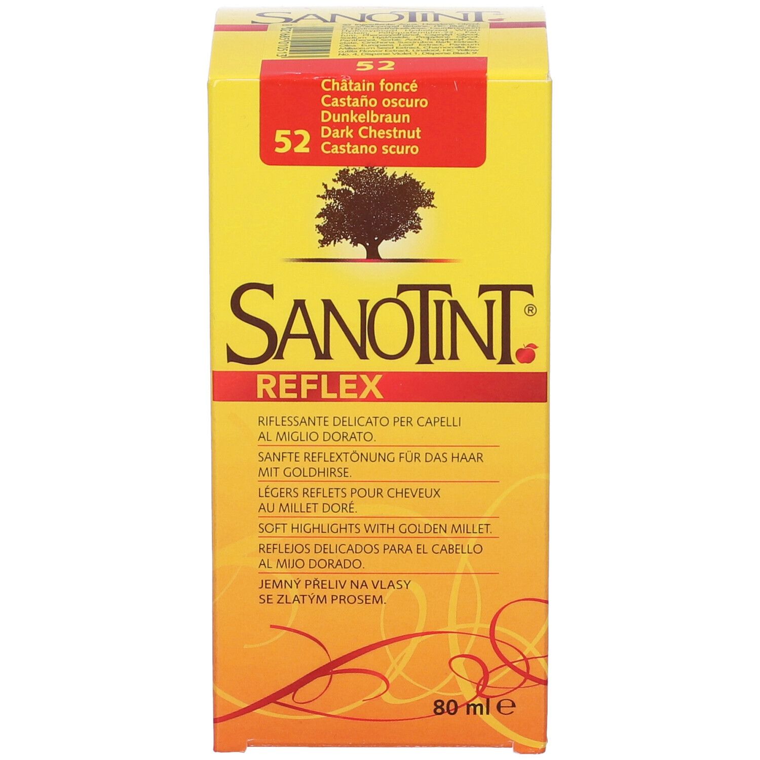 Scatola gialla Sanotint Reflex. Sulla scatola: Castano scuro. Nome del prodotto e logo.