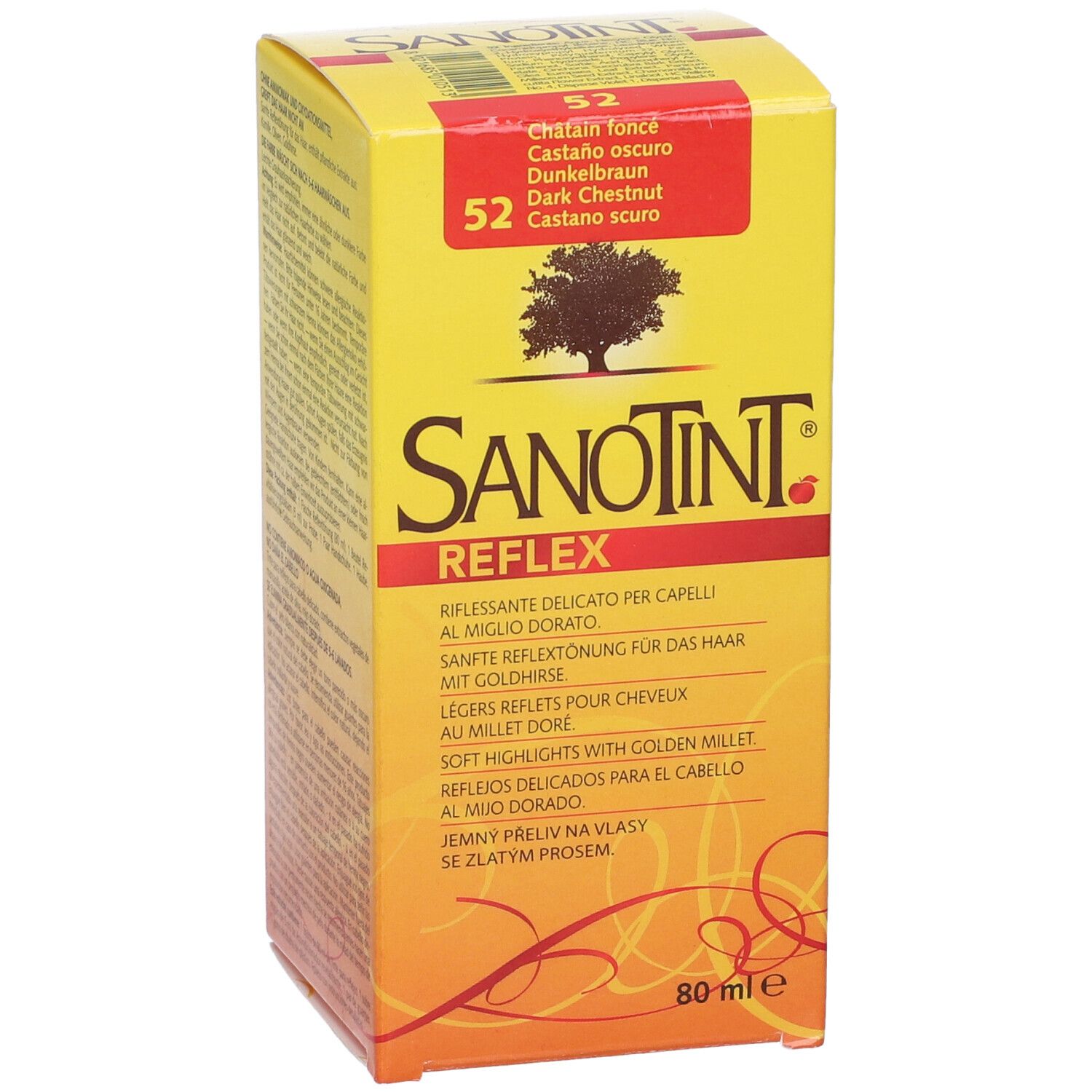 Scatola gialla Sanotint Reflex. Sulla scatola: Castano scuro. Nome del prodotto e logo.