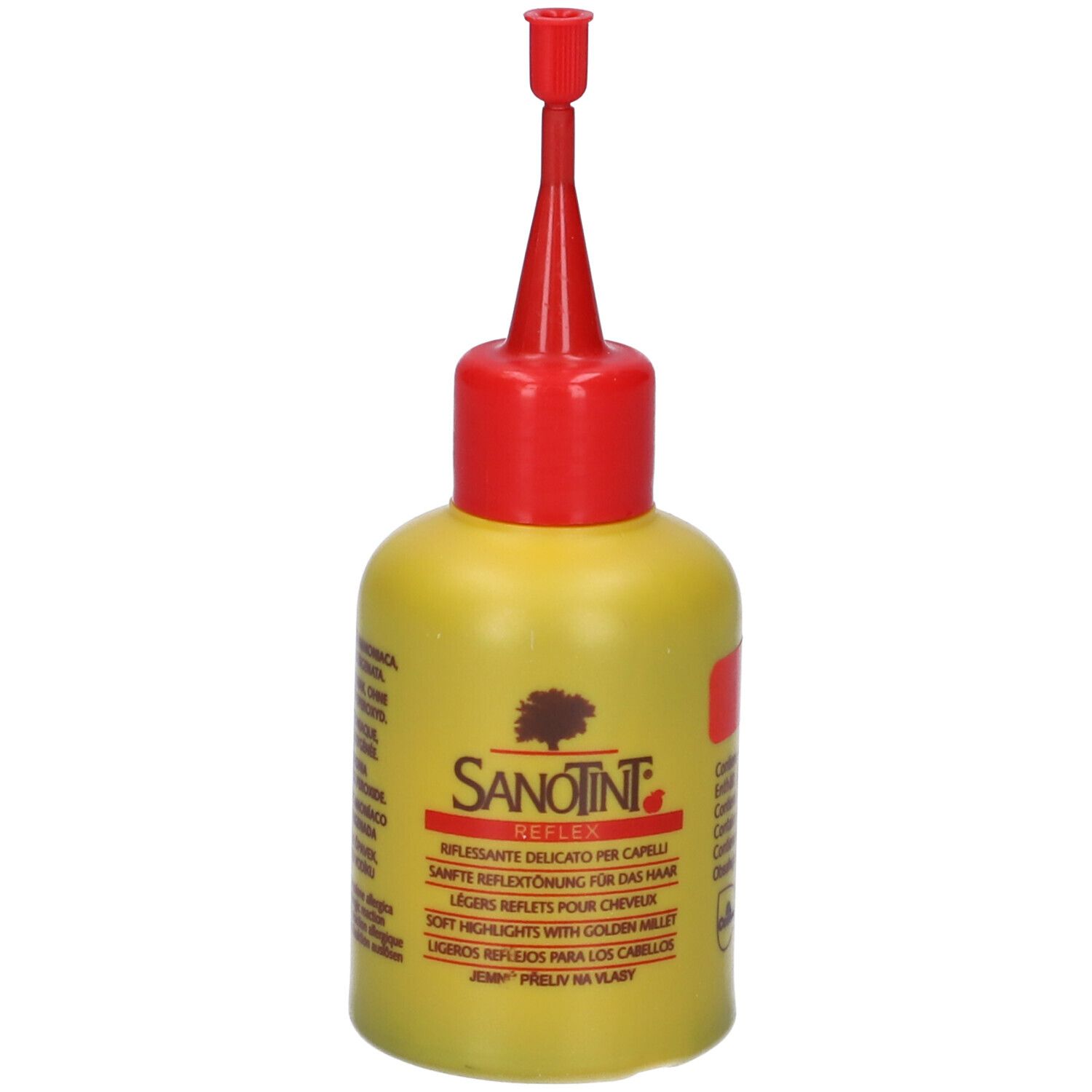 Flacone giallo con applicatore rosso. Scritta: Sanotint Reflex. Prodotto per riflessi delicati per capelli.