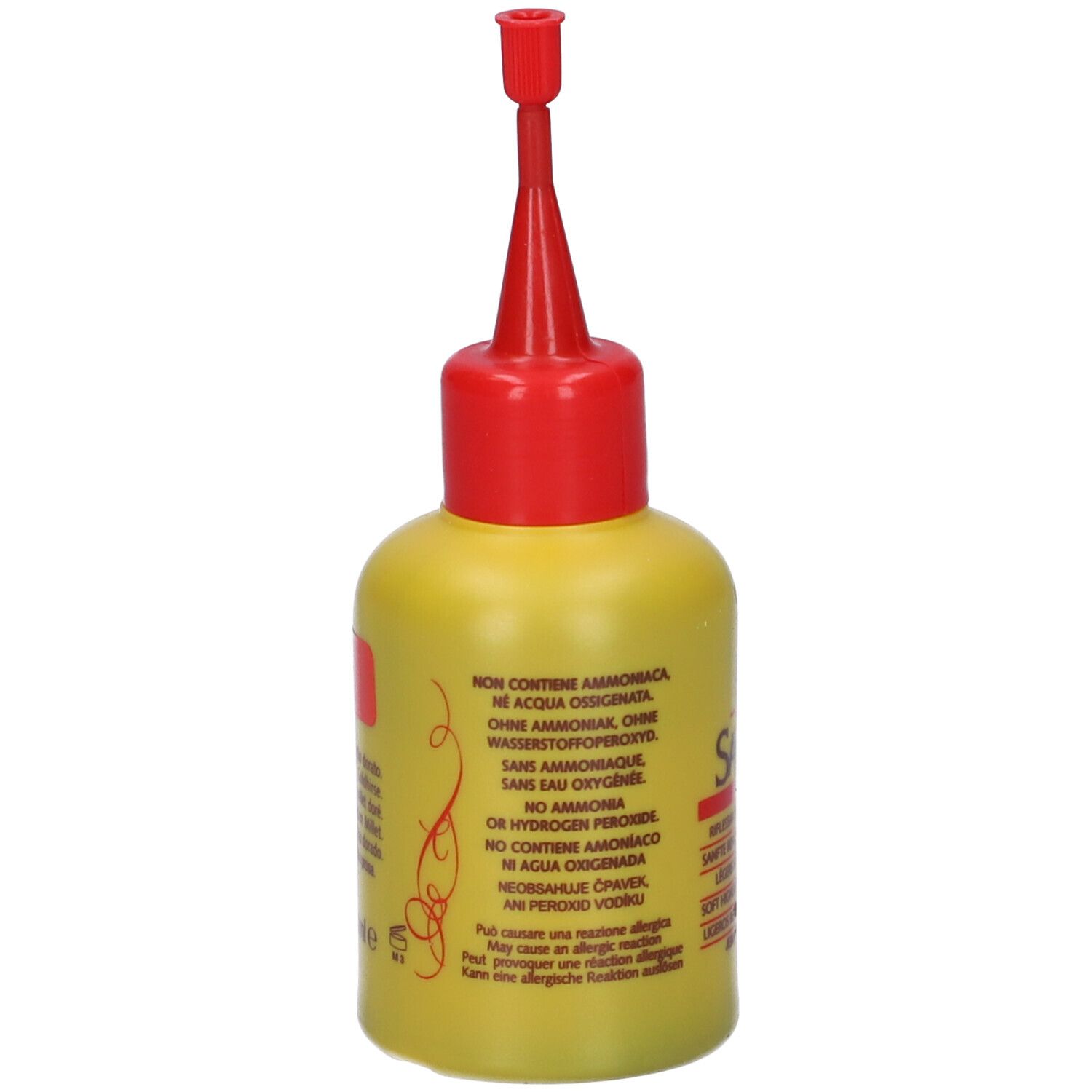 Flacone giallo con applicatore rosso. Retro con testo. Senza ammoniaca, senza perossido di idrogeno. Sanotint Reflex.