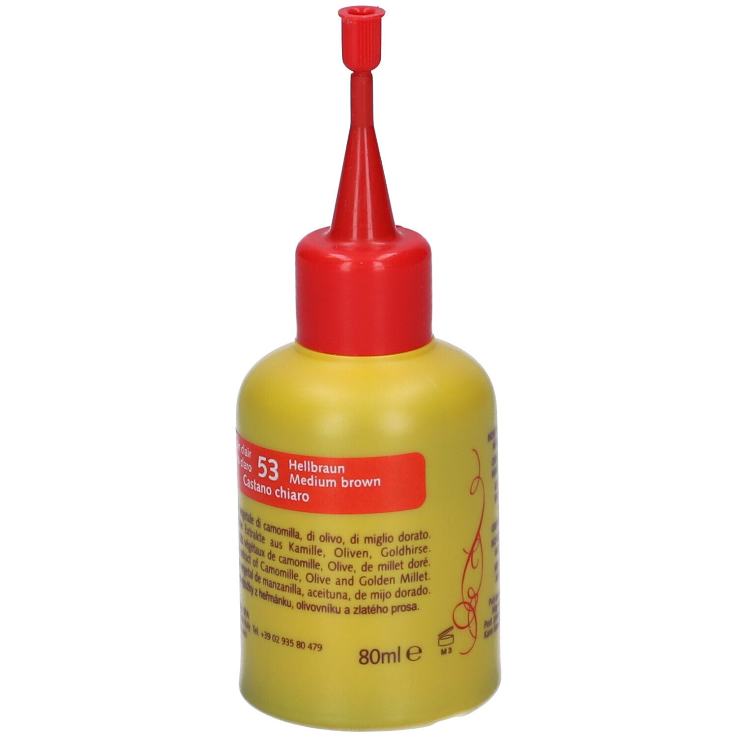 Flacone giallo con applicatore rosso. Scritta: Sanotint Reflex. Tonalità 53, Castano chiaro/Hellbraun. 80ml.