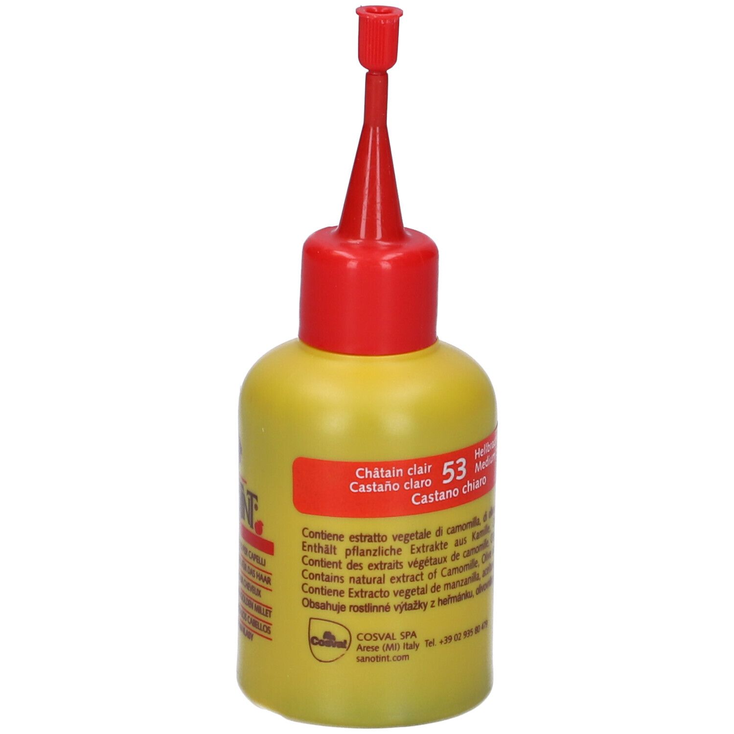 Flacone giallo con applicatore rosso. Scritta: Sanotint Reflex. Tonalità 53, Castano chiaro/Châtain clair.