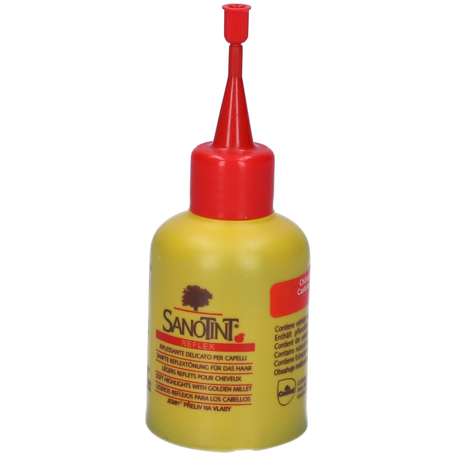 Flacone giallo con applicatore rosso. Scritta: Sanotint Reflex. Prodotto per riflessi delicati per capelli.
