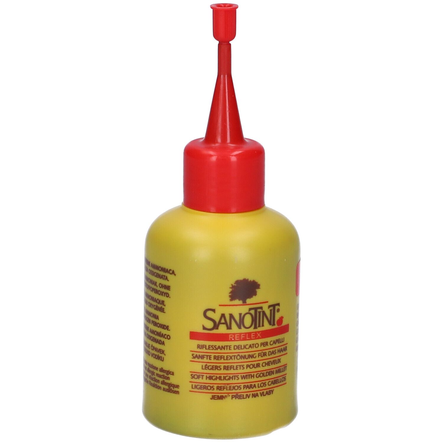 Flacone giallo con applicatore rosso. Scritta: Sanotint Reflex. Prodotto per riflessi delicati per capelli.